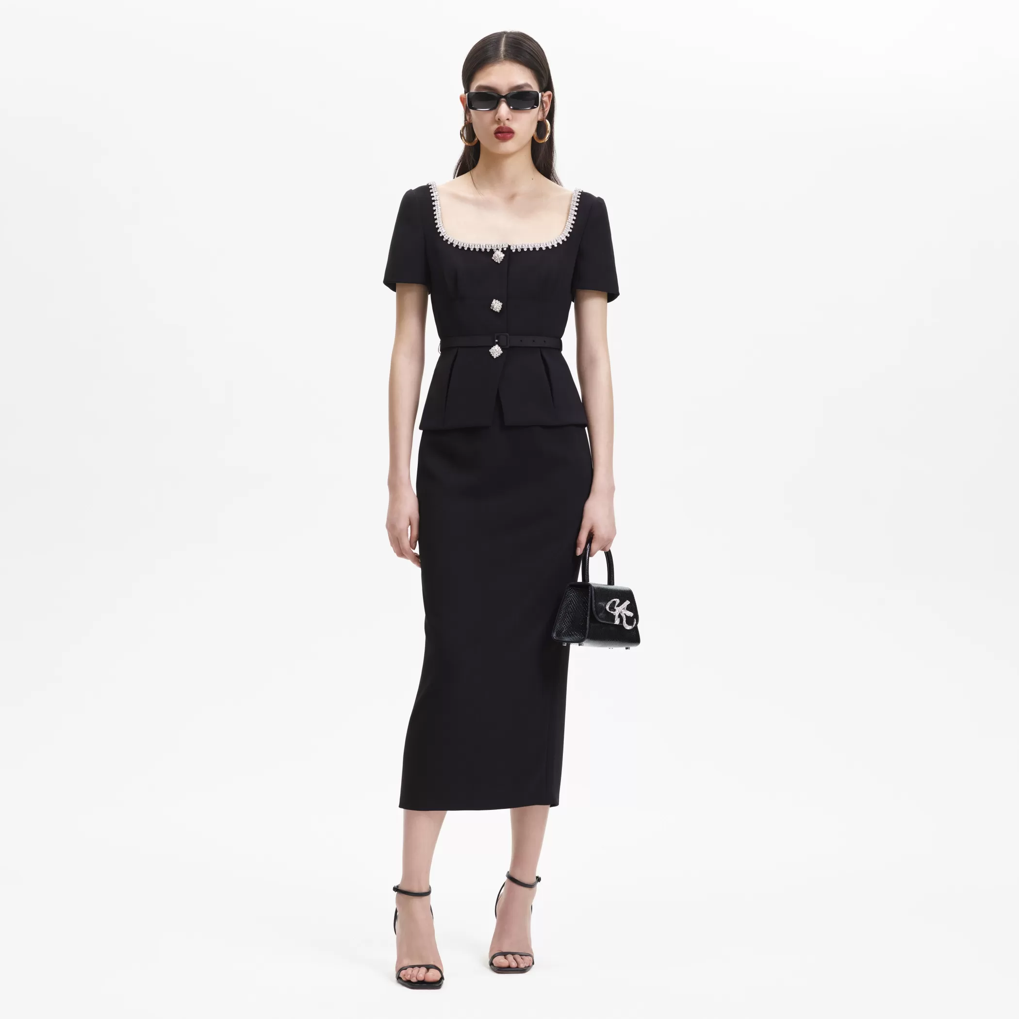 Self-Portrait > Black Bonded Crepe Midi Dress