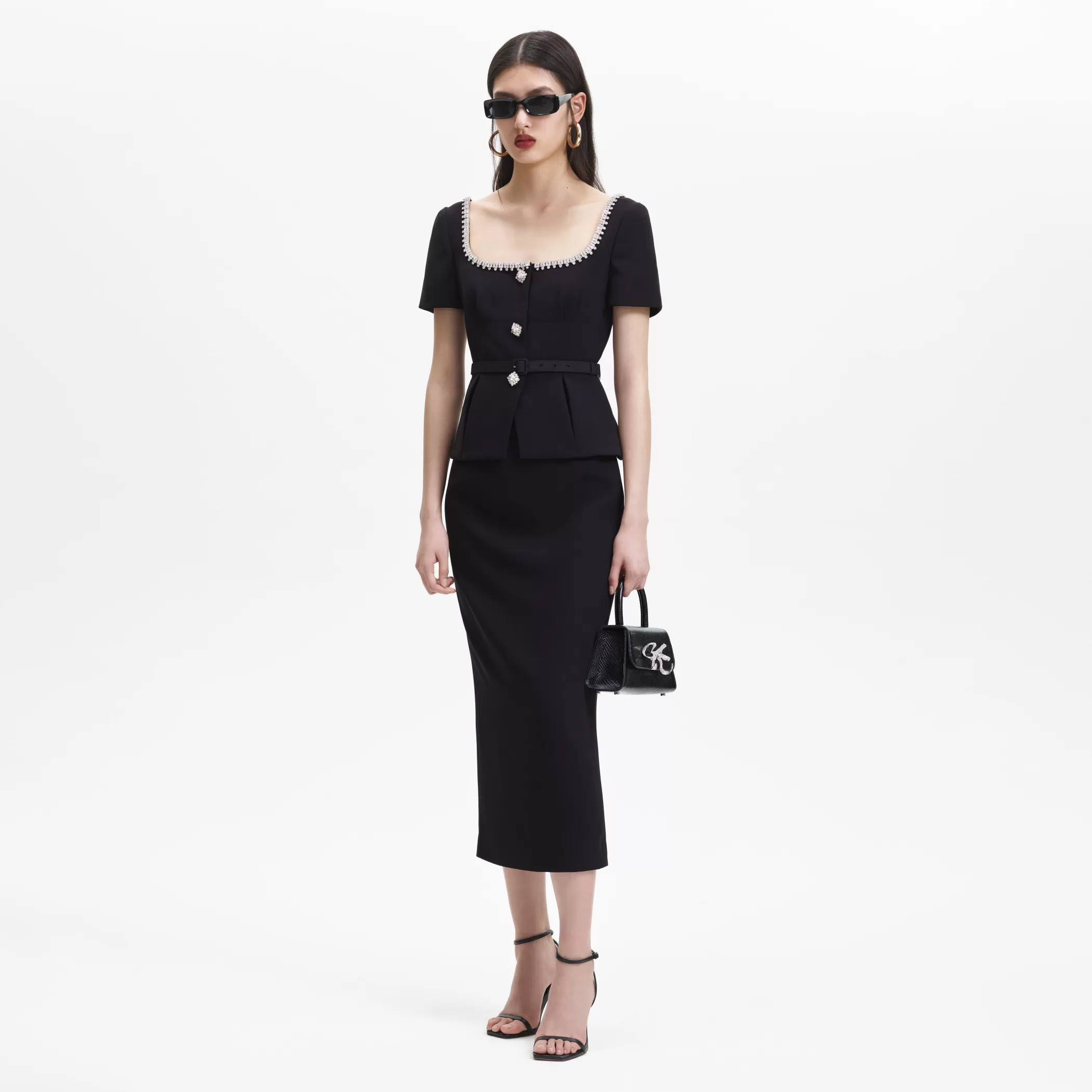 Self-Portrait > Black Bonded Crepe Midi Dress