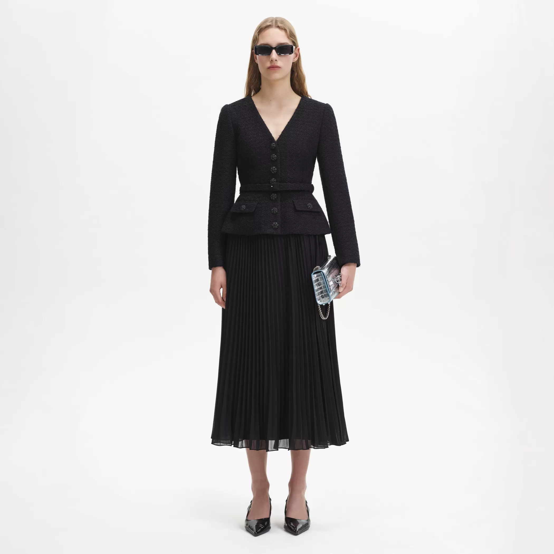 Self-Portrait > Black Boucle Chiffon Midi Dress