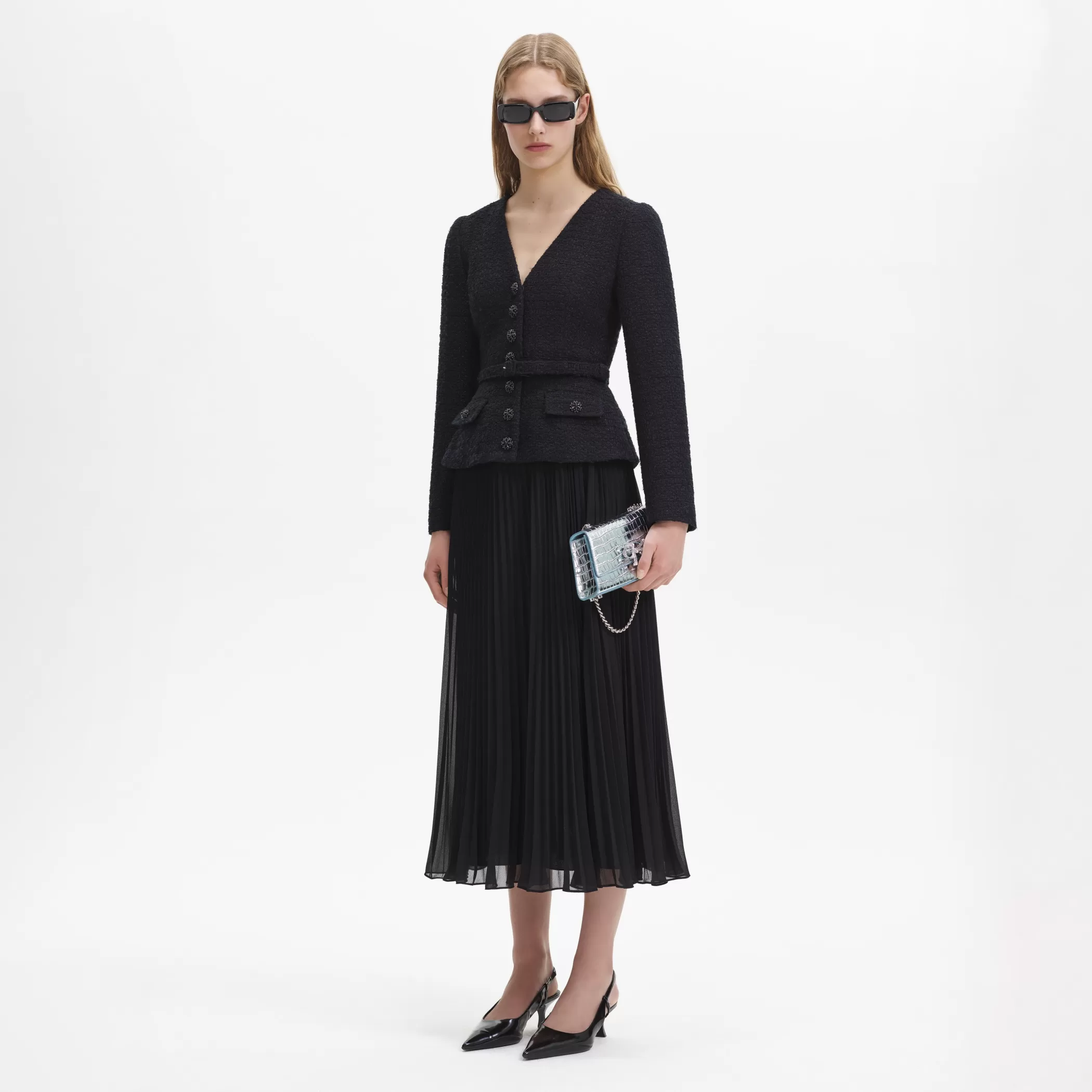 Self-Portrait > Black Boucle Chiffon Midi Dress