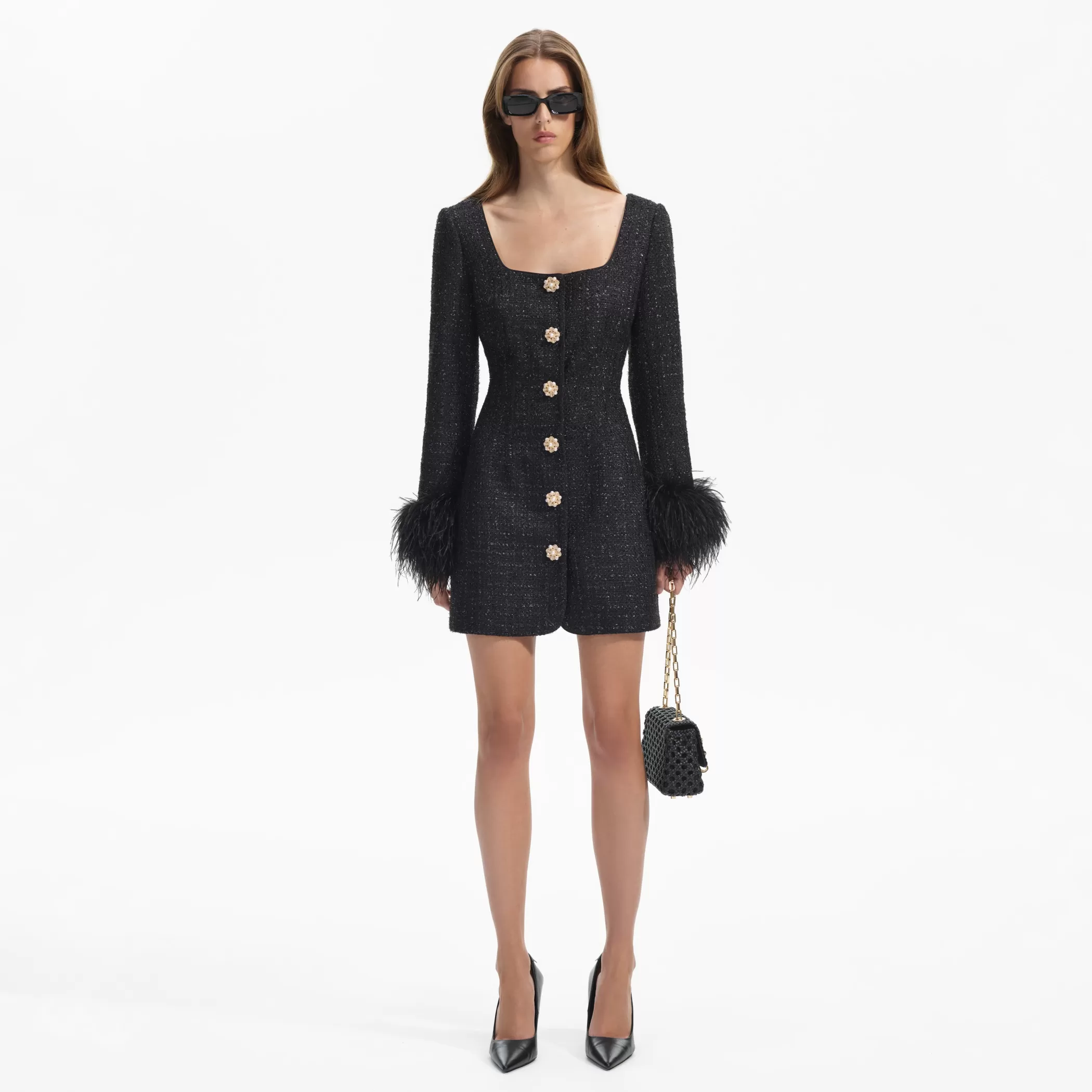 Self-Portrait > Black Boucle Feather Mini Dress