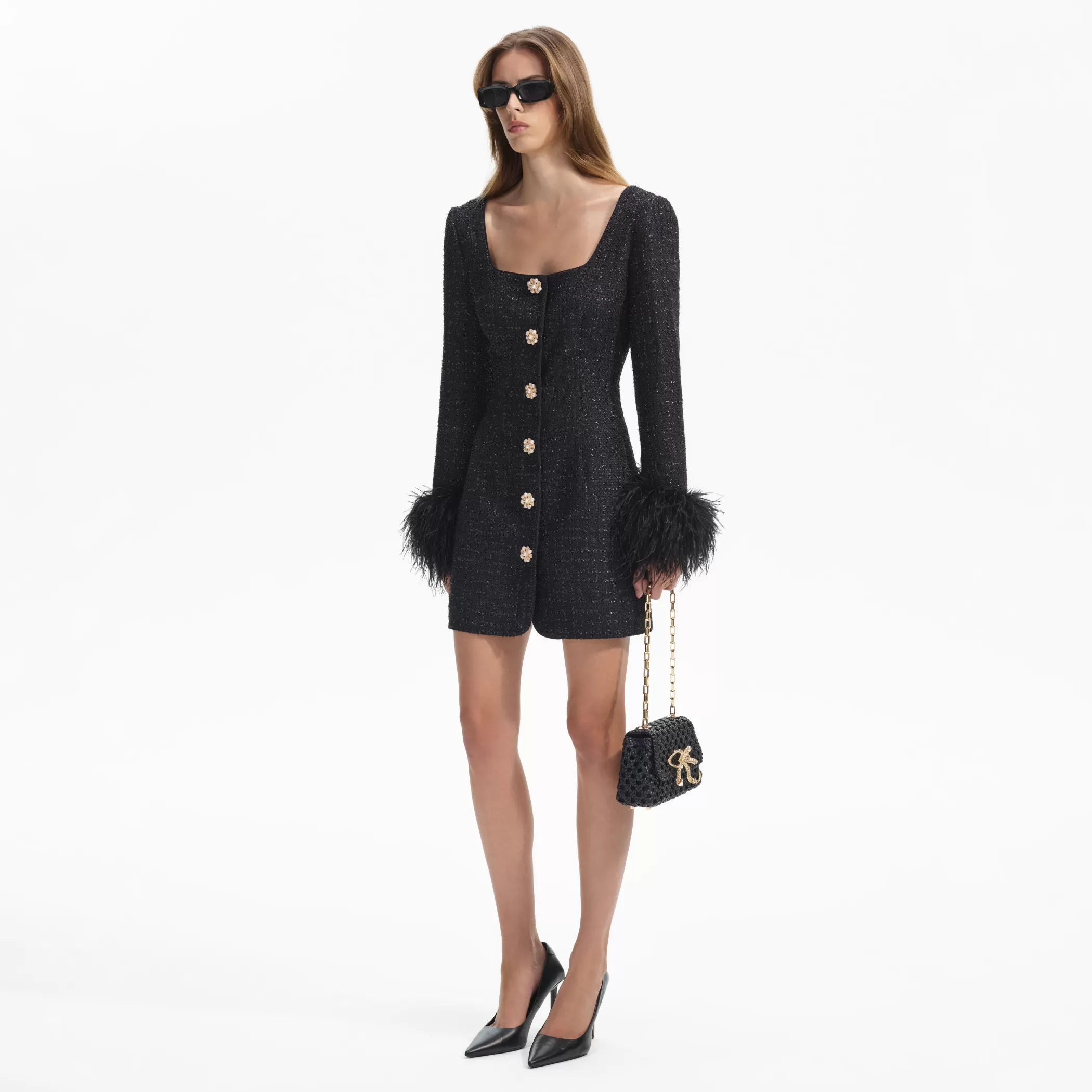 Self-Portrait > Black Boucle Feather Mini Dress