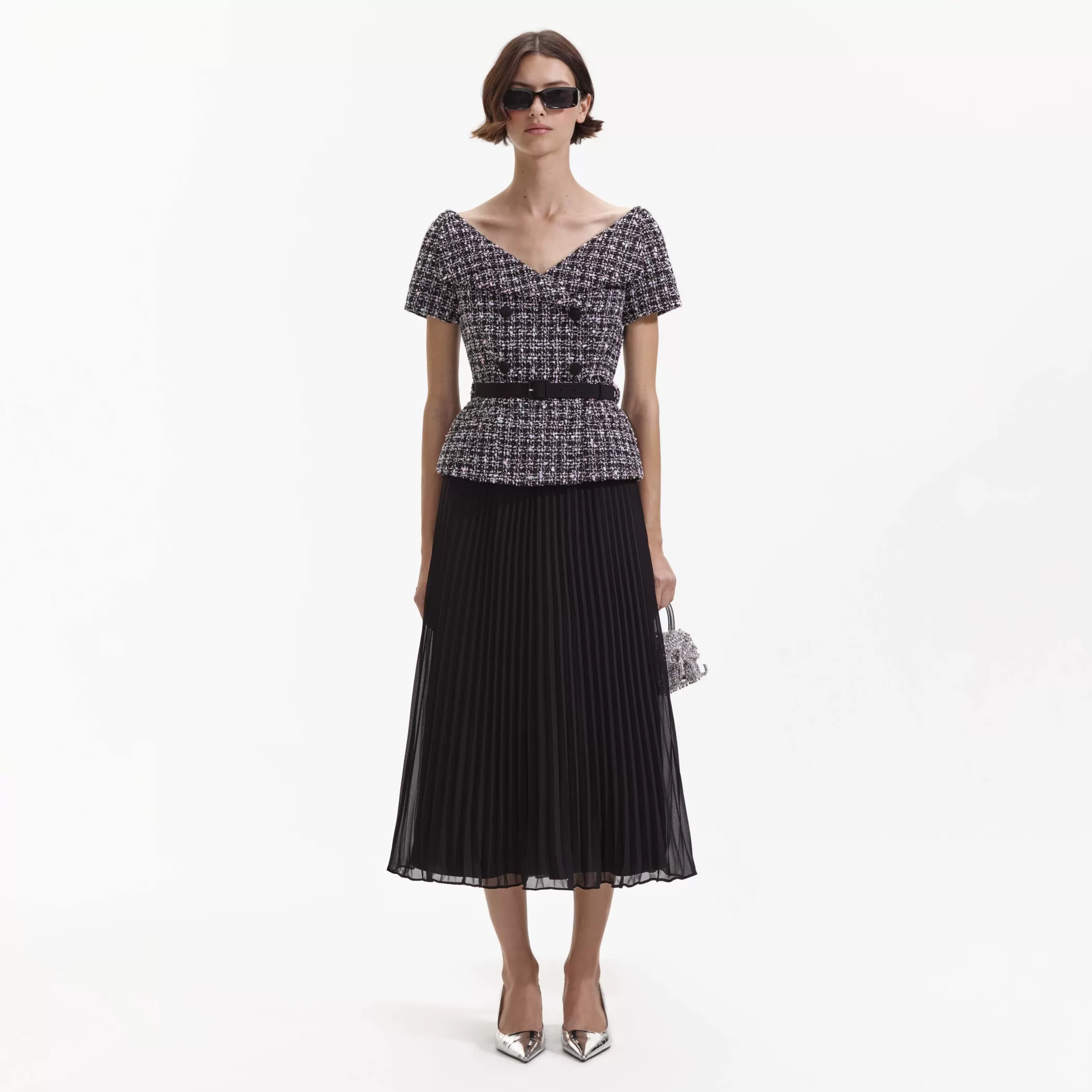 Self-Portrait > Black Boucle Off Shoulder Midi Dress