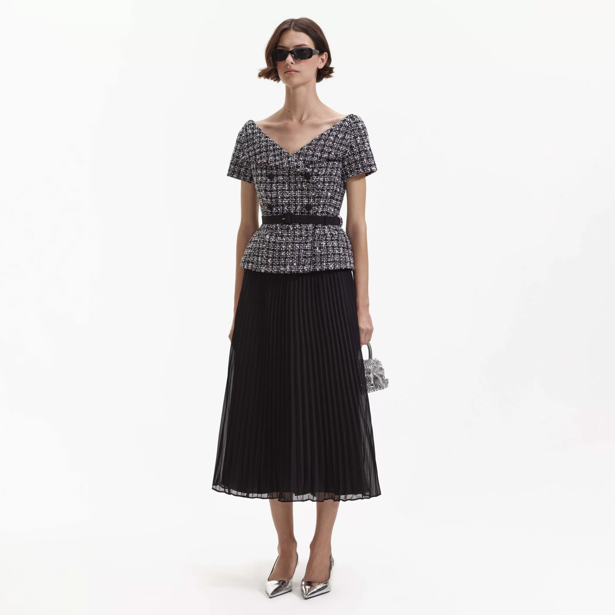 Self-Portrait > Black Boucle Off Shoulder Midi Dress