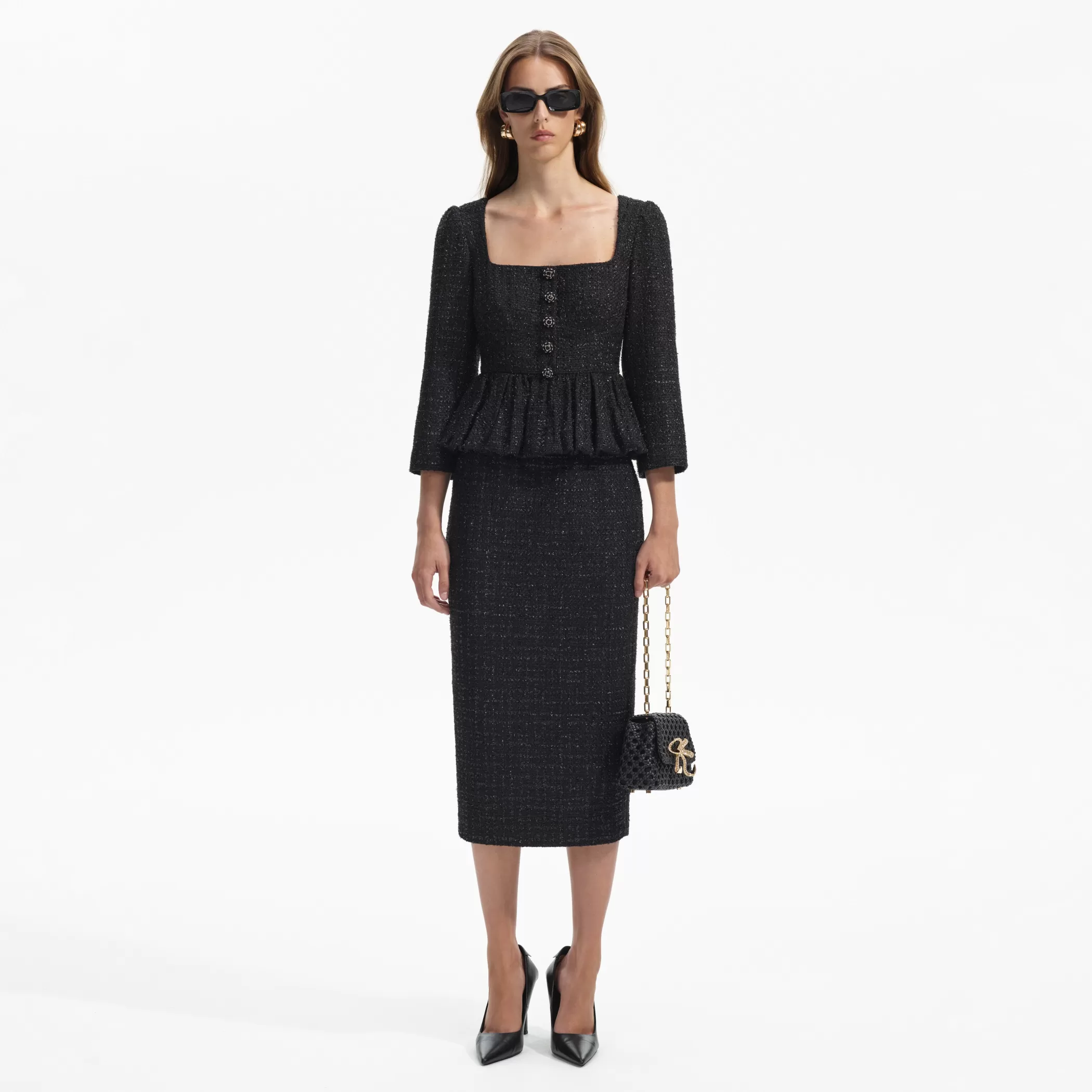 Self-Portrait > Black Boucle Peplum Midi Dress