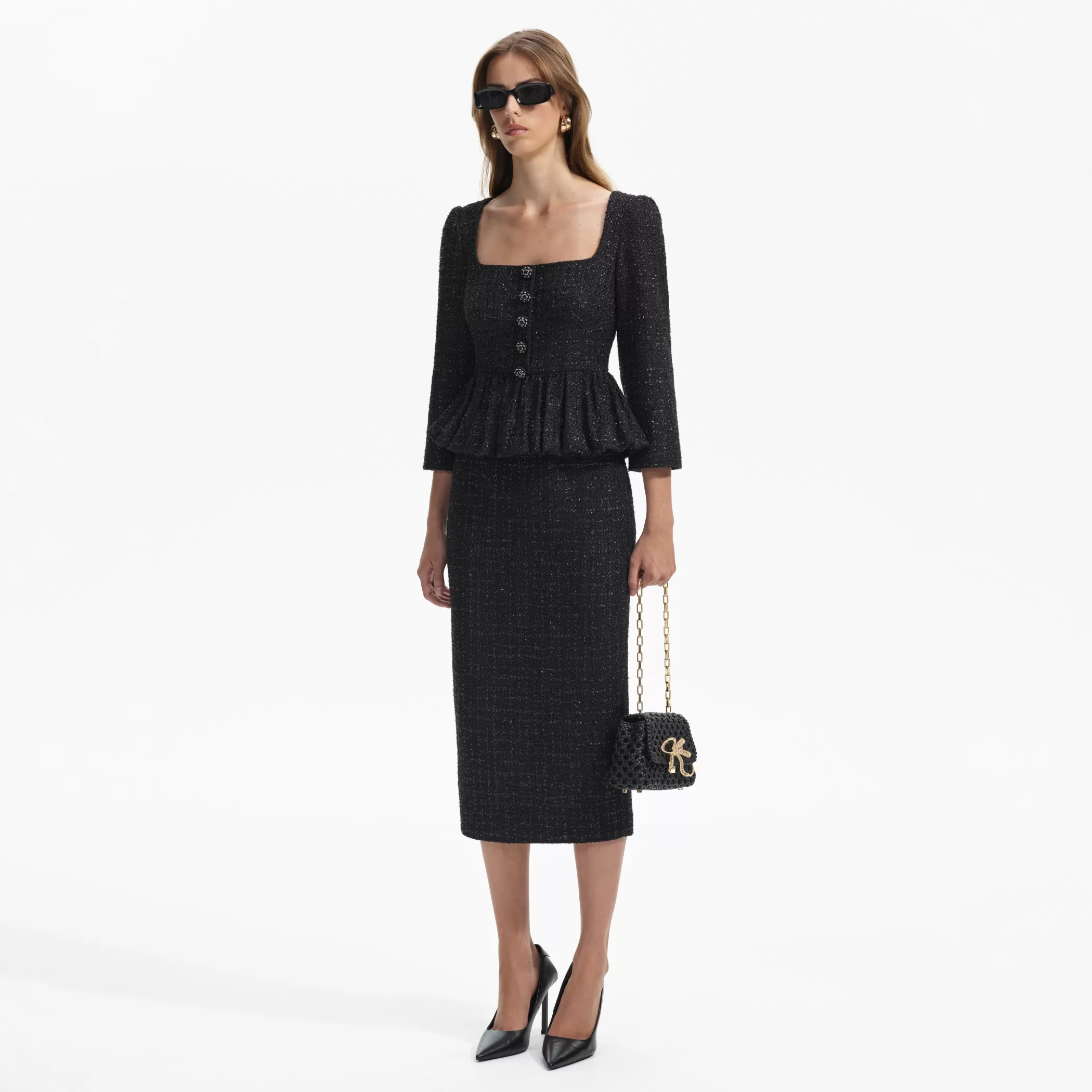 Self-Portrait > Black Boucle Peplum Midi Dress