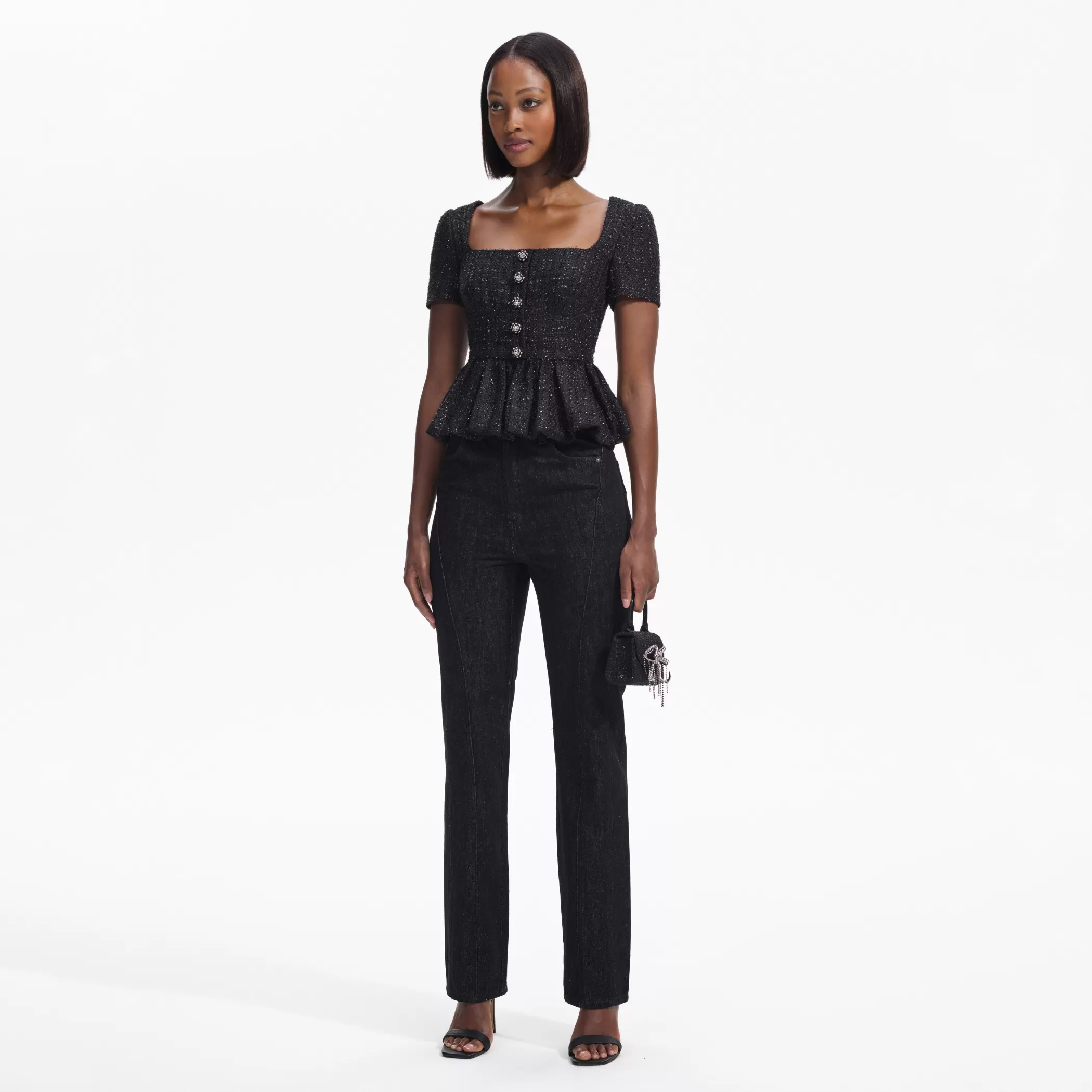 Self-Portrait > Black Boucle Peplum Top