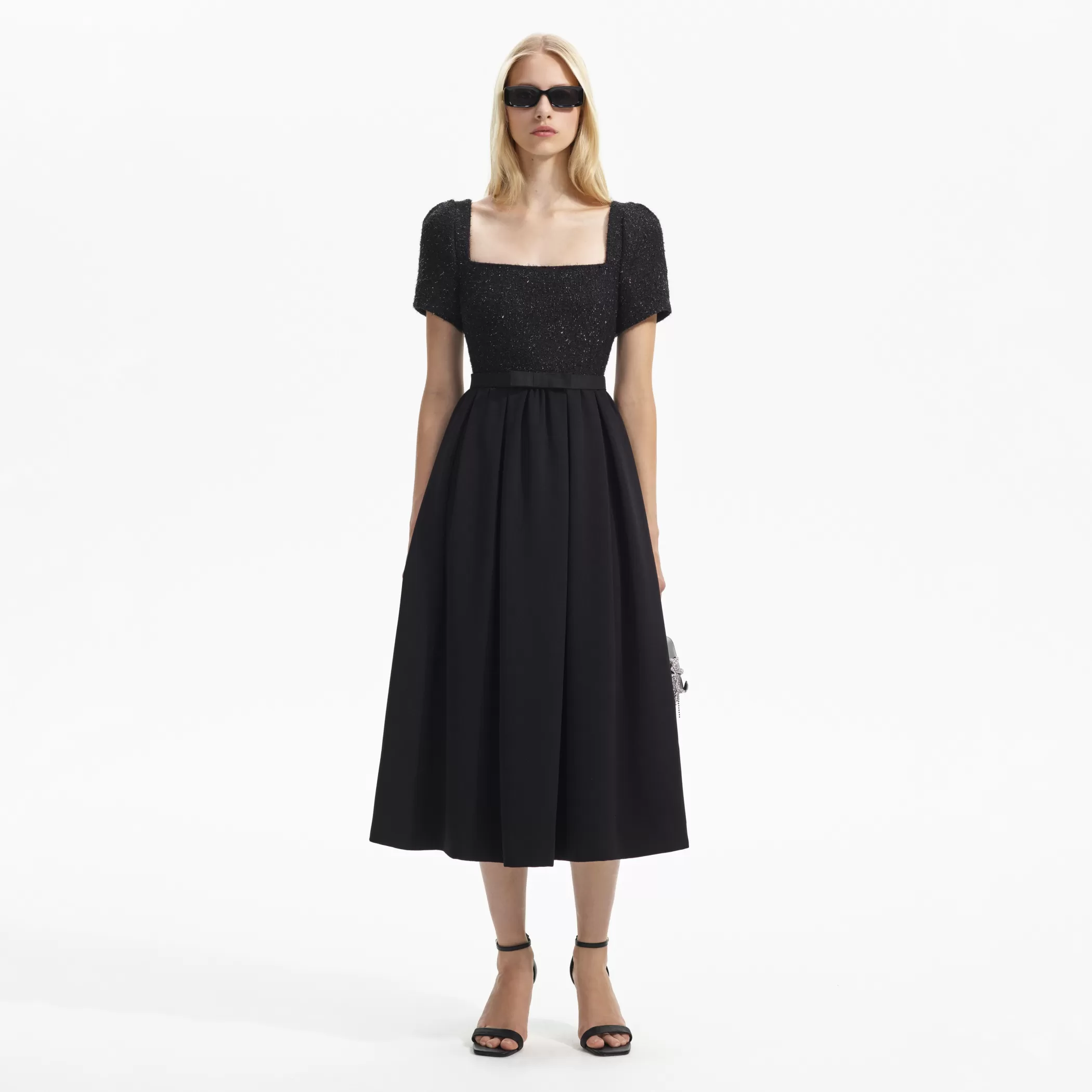 Self-Portrait > Black Boucle Square Neck Midi Dress