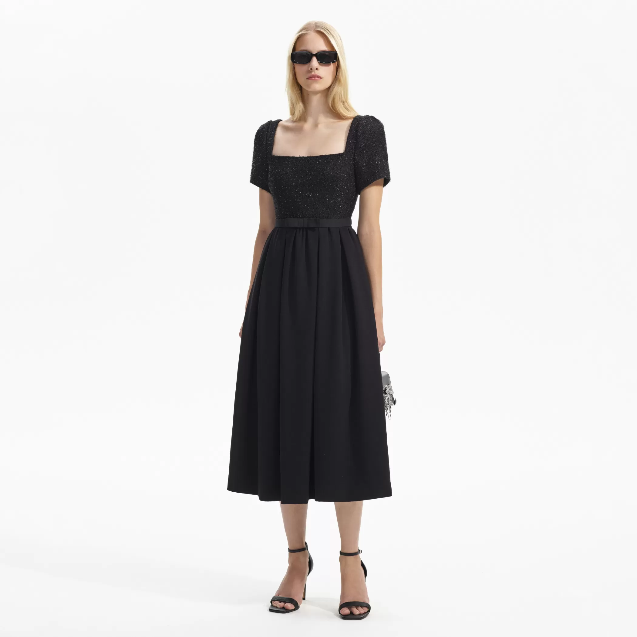 Self-Portrait > Black Boucle Square Neck Midi Dress