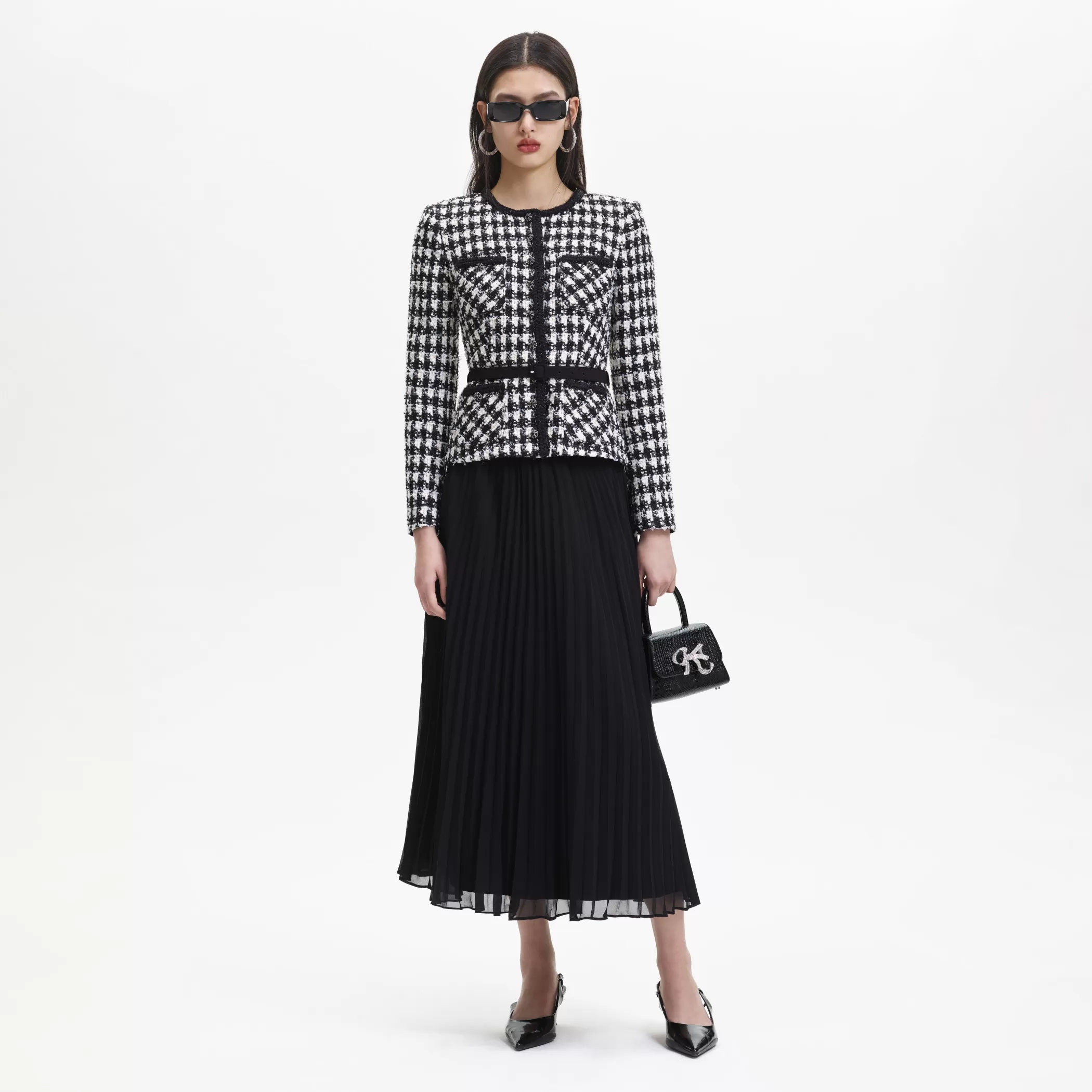 Self-Portrait > Black Check Boucle Chiffon Midi Dress