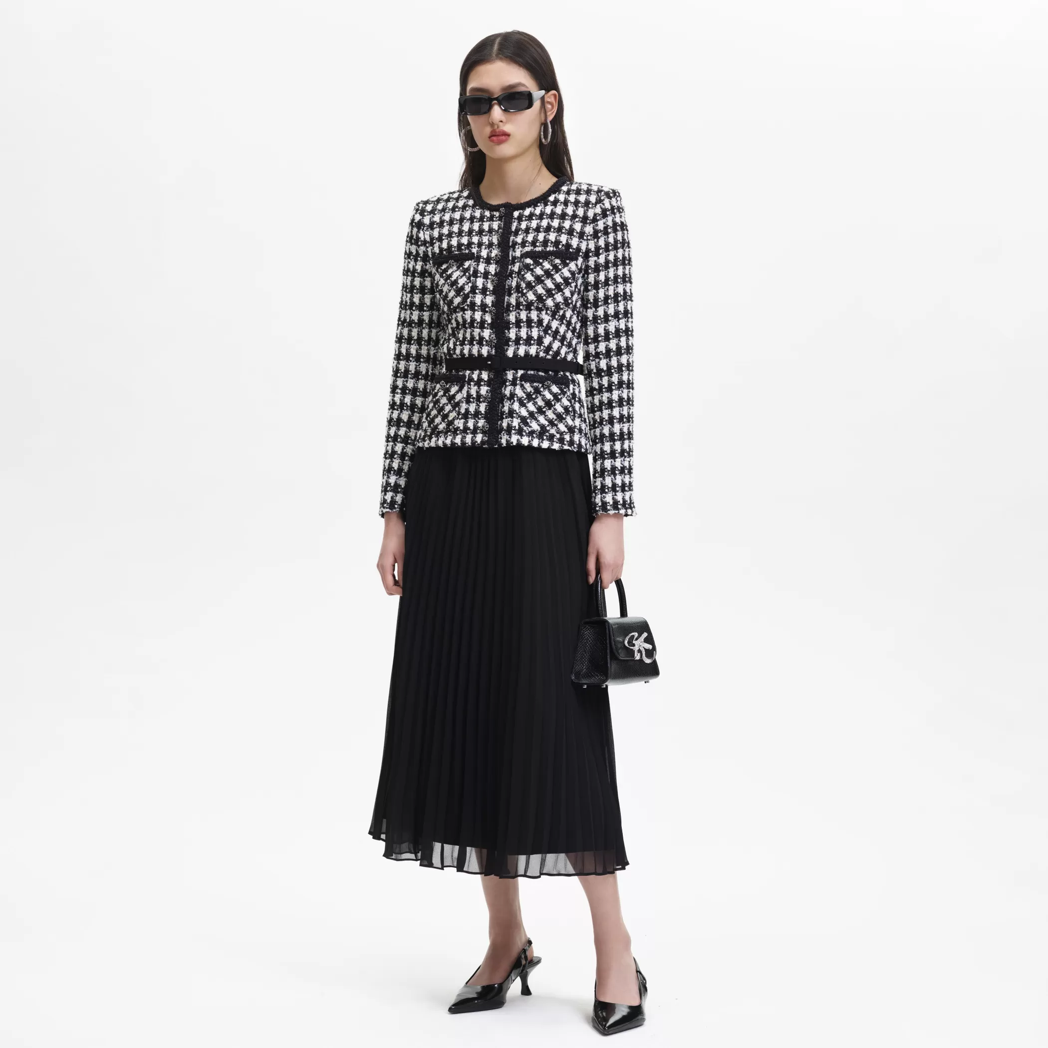 Self-Portrait > Black Check Boucle Chiffon Midi Dress