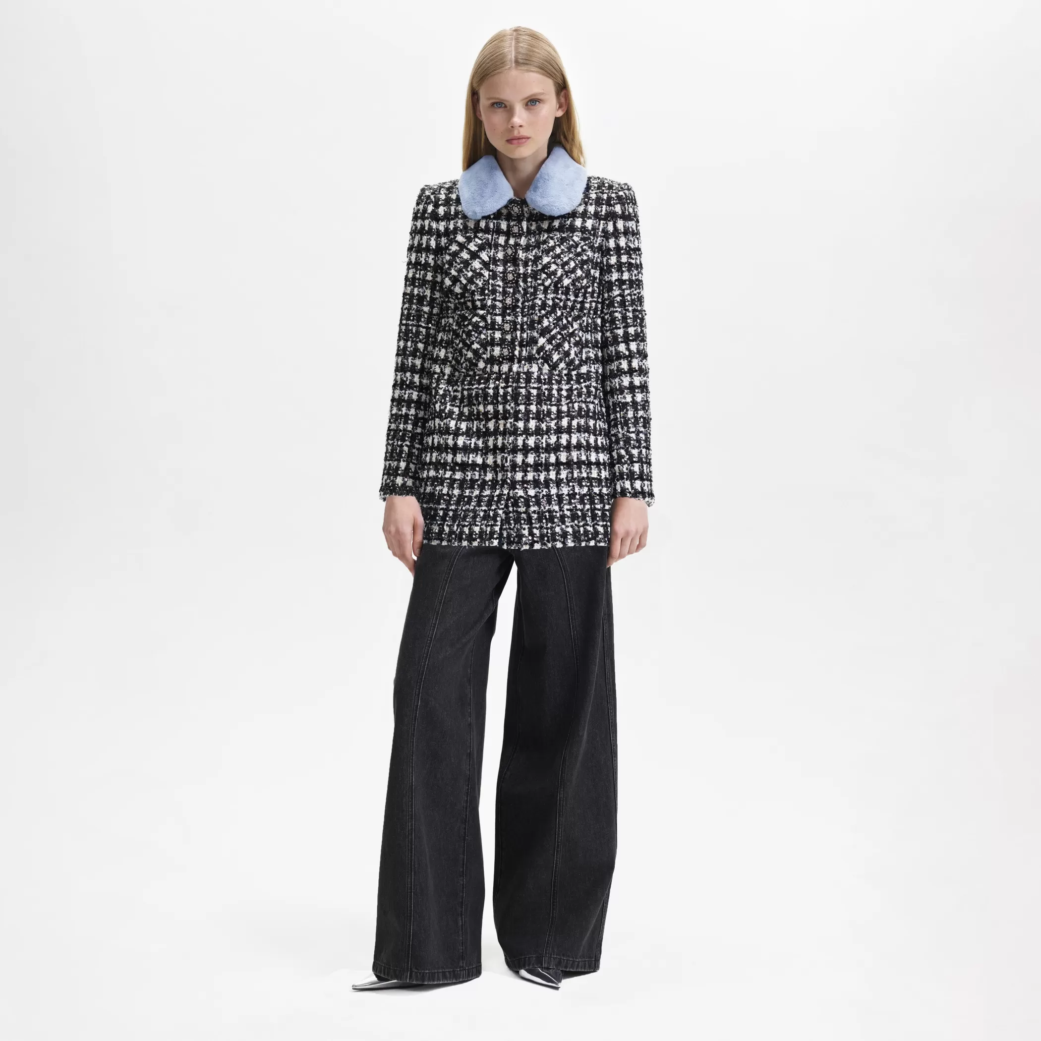 Self-Portrait > Black Check Boucle Collar Jacket