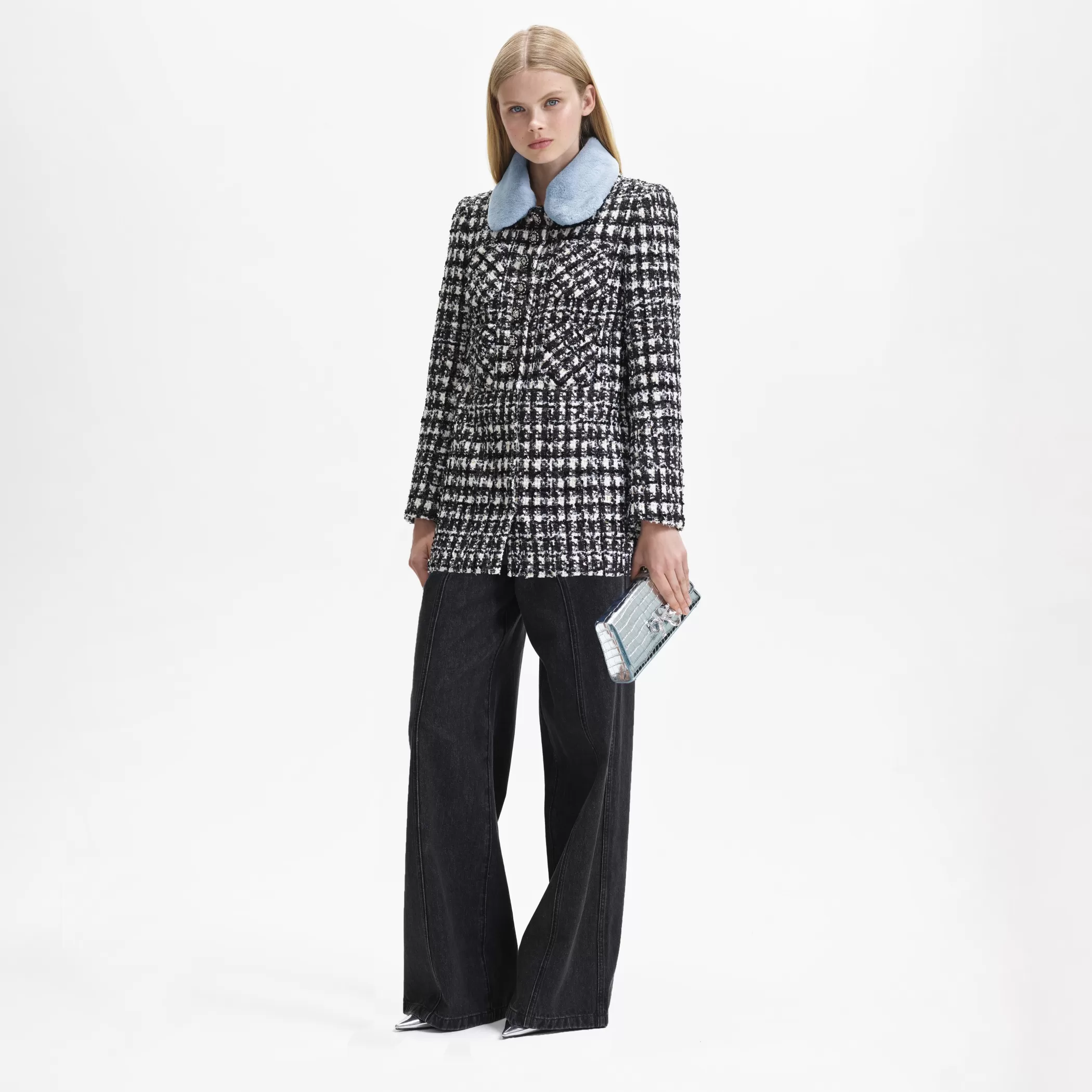 Self-Portrait > Black Check Boucle Collar Jacket