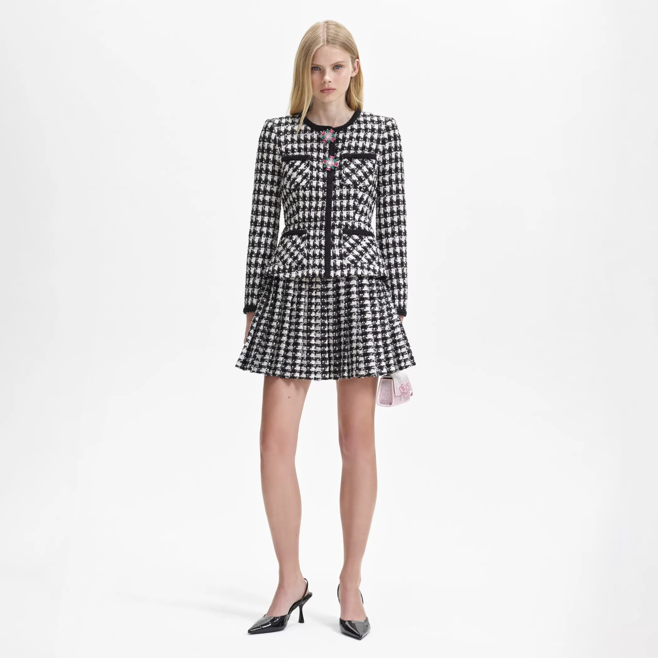 Self-Portrait > Black Check Boucle Mini Jacket Dress