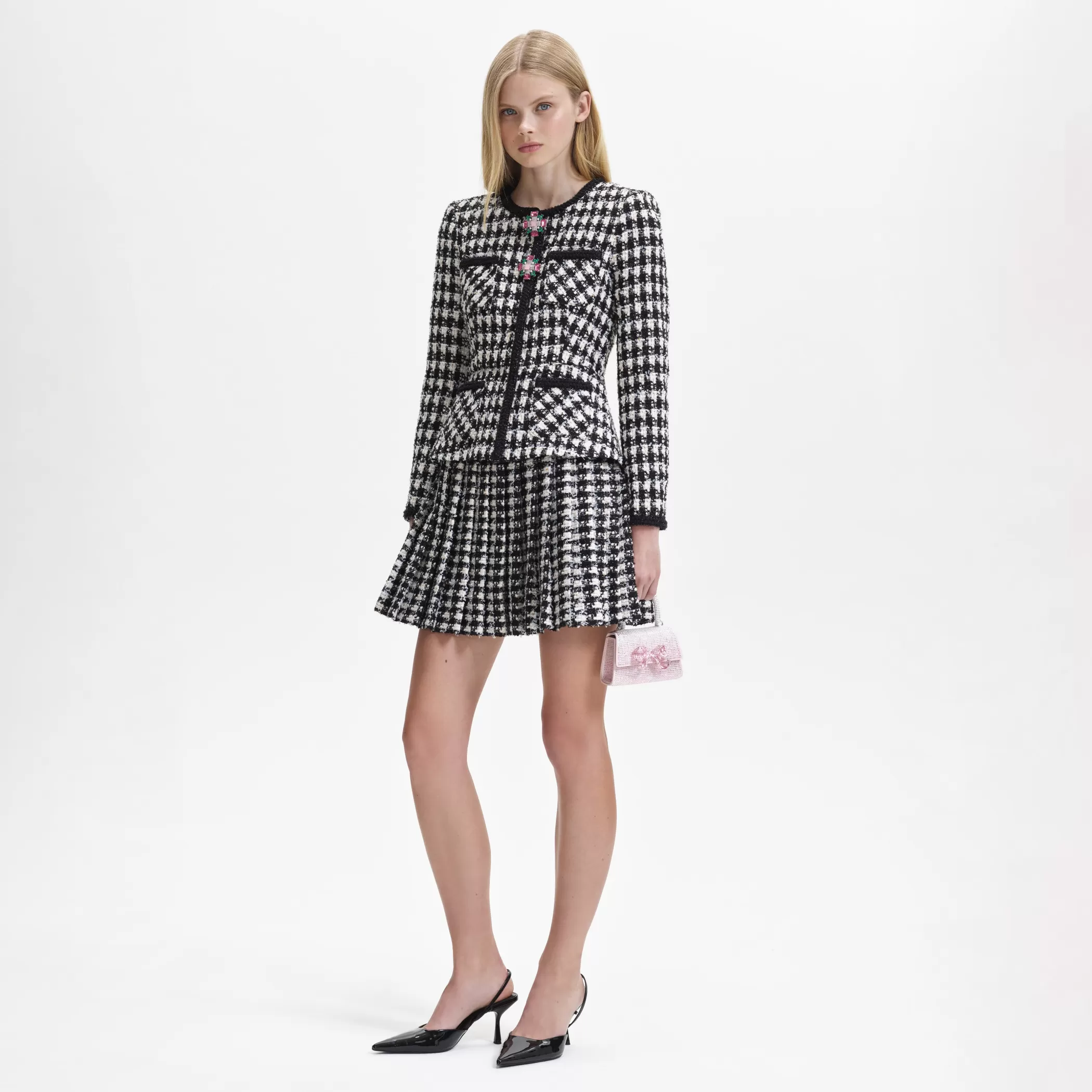 Self-Portrait > Black Check Boucle Mini Jacket Dress