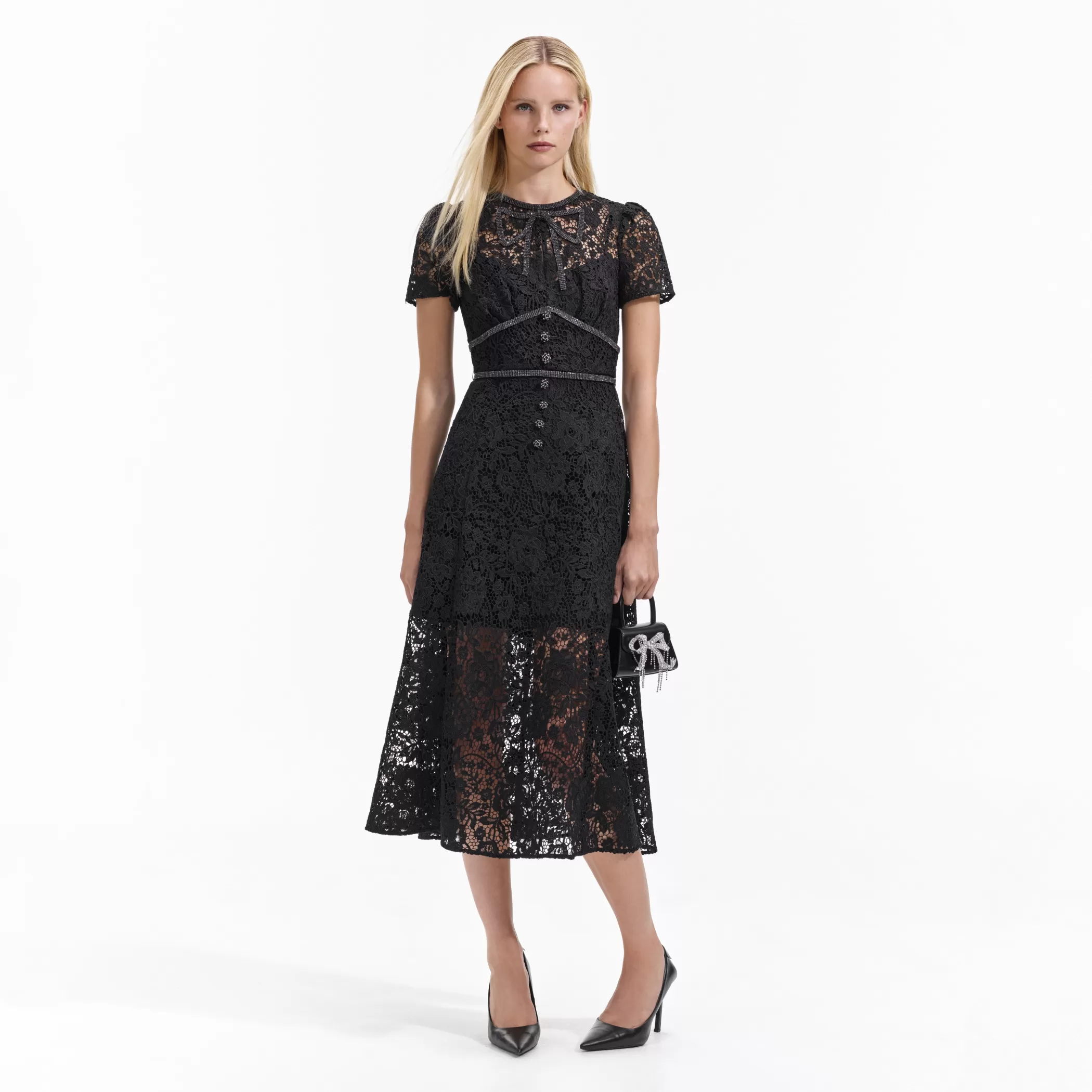 Self-Portrait > Black Cord Lace Bow Midi Dress