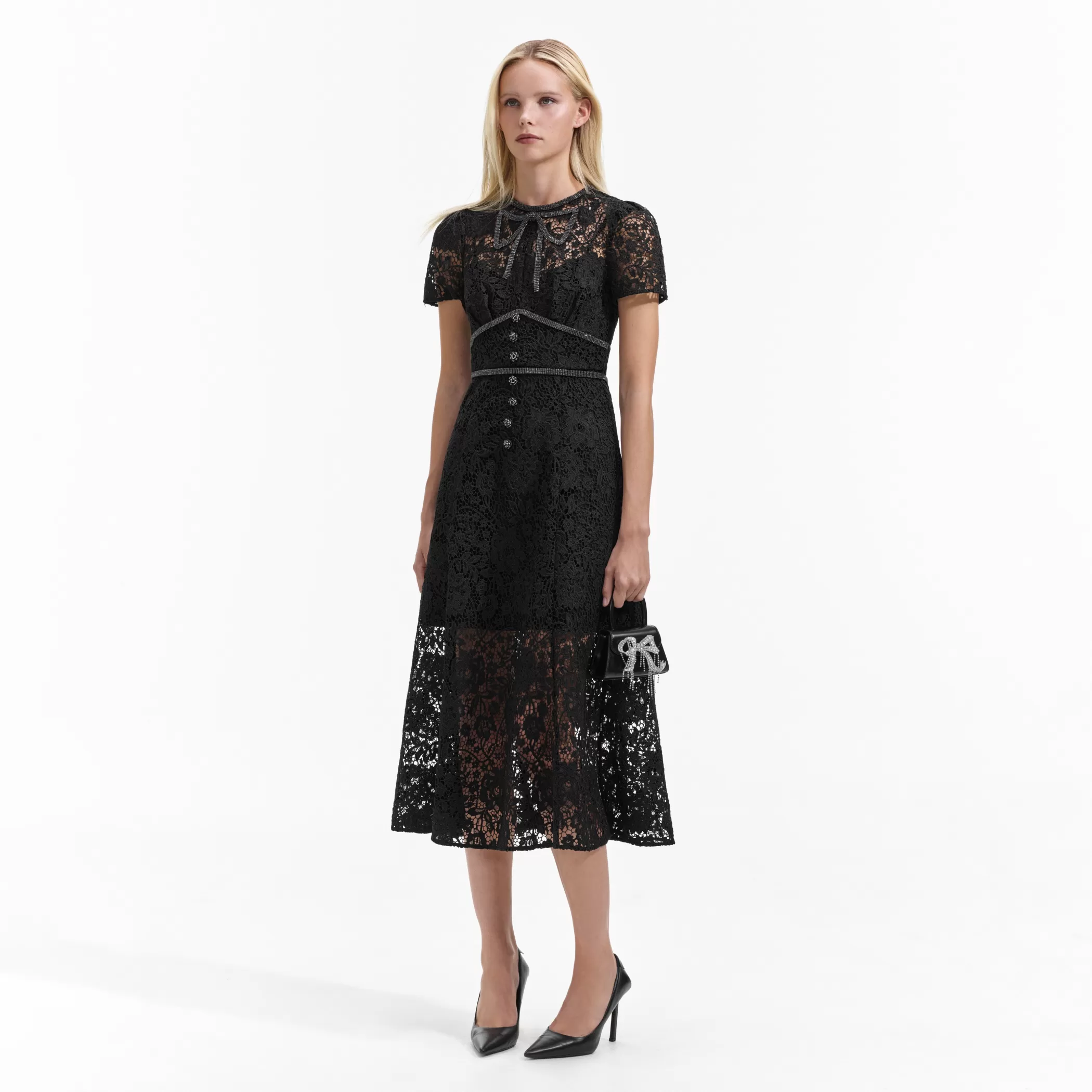 Self-Portrait > Black Cord Lace Bow Midi Dress