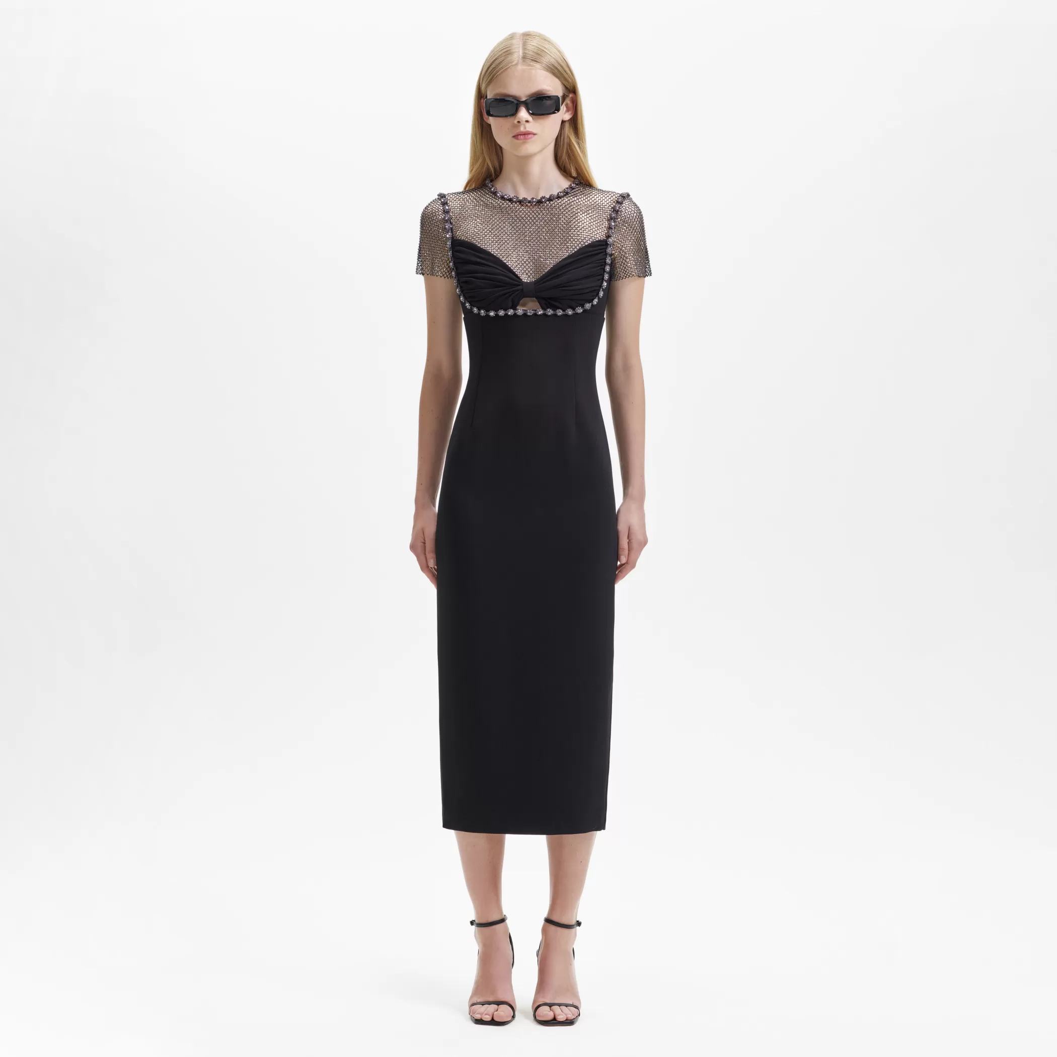 Self-Portrait > Black Crepe And Rhinestone Midi Dress