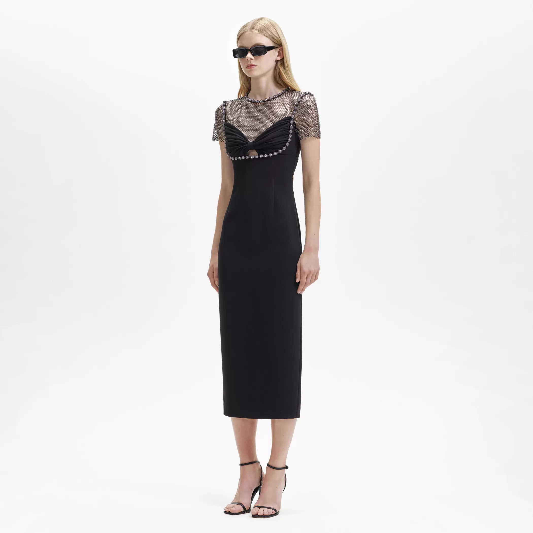 Self-Portrait > Black Crepe And Rhinestone Midi Dress