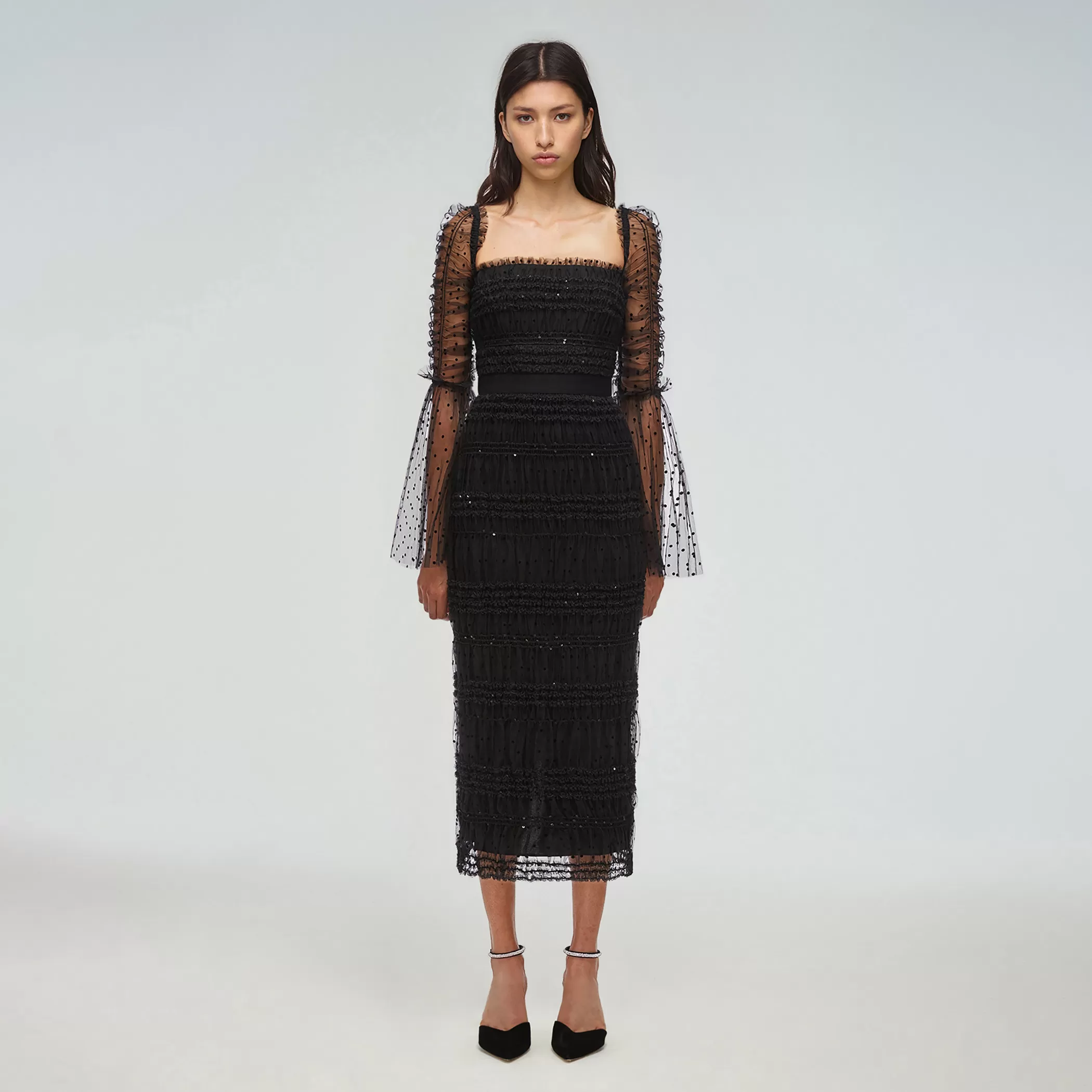 Self-Portrait > Black Dot Mesh Midi Dress