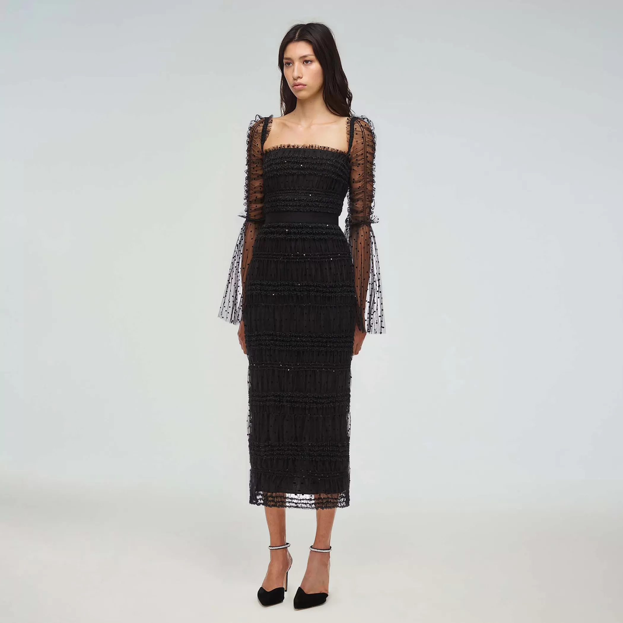 Self-Portrait > Black Dot Mesh Midi Dress