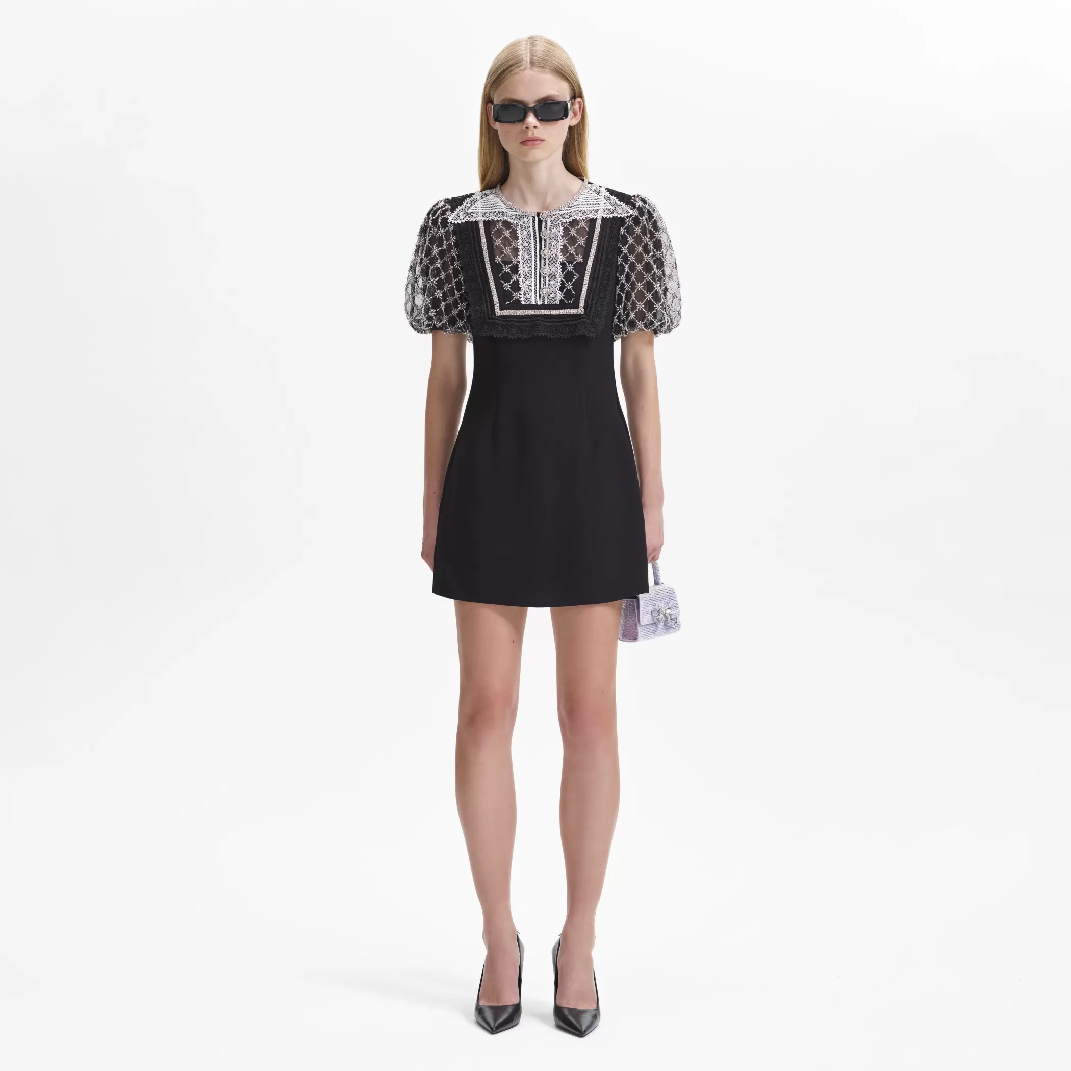 Self-Portrait > Black Embellished Puff Sleeve Mini Dress