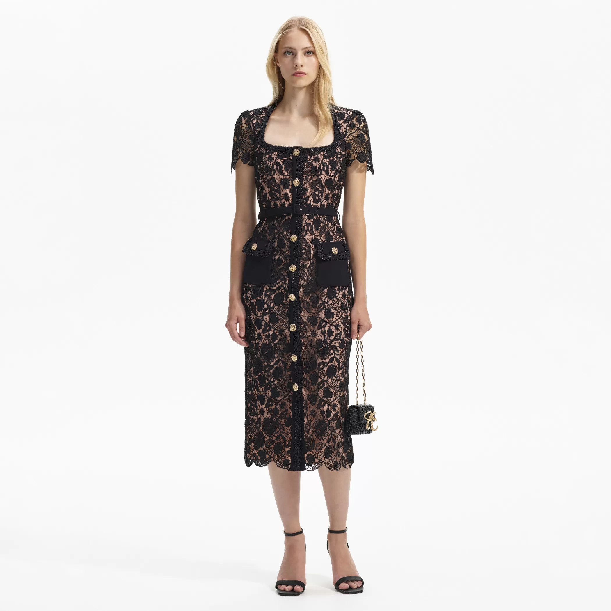 Self-Portrait > Black Guipure Lace Short Sleeve Midi Dress