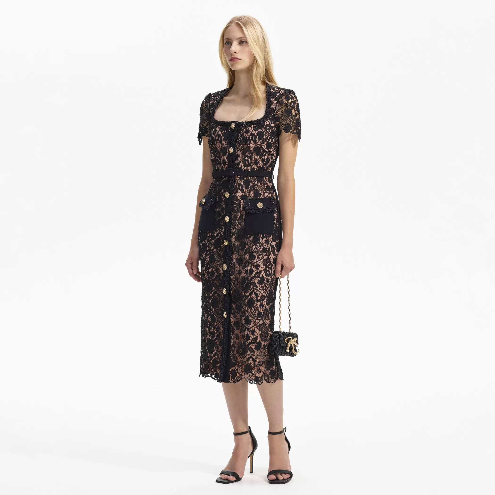 Self-Portrait > Black Guipure Lace Short Sleeve Midi Dress