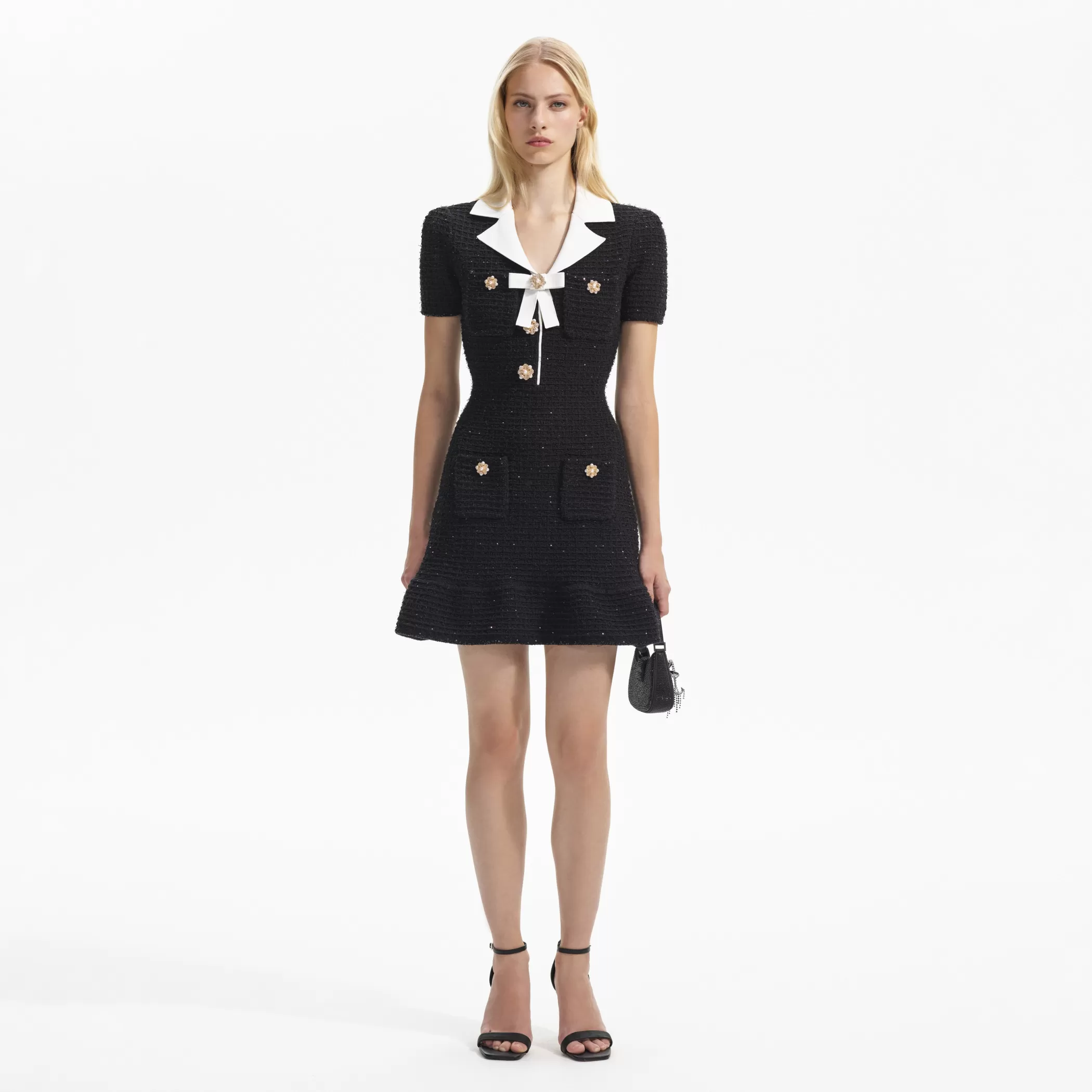 Self-Portrait > Black Knit Bow Mini Dress