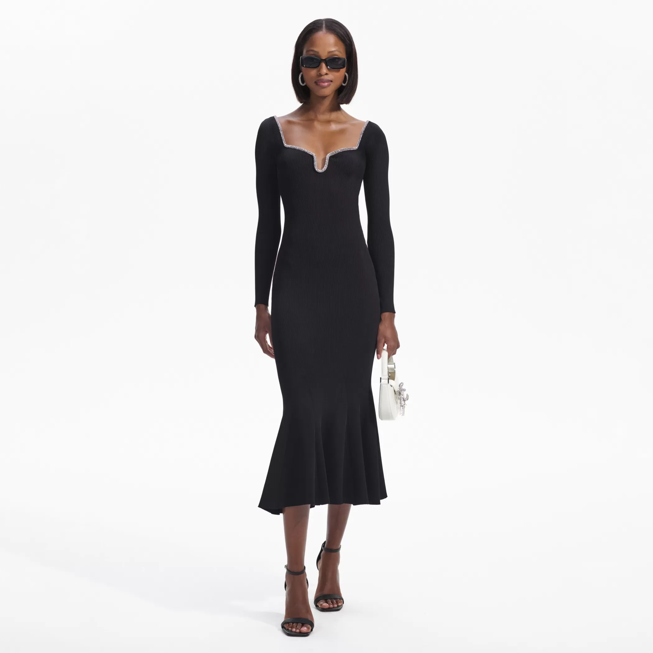 Self-Portrait > Black Knit Diamante Trim Midi Dress