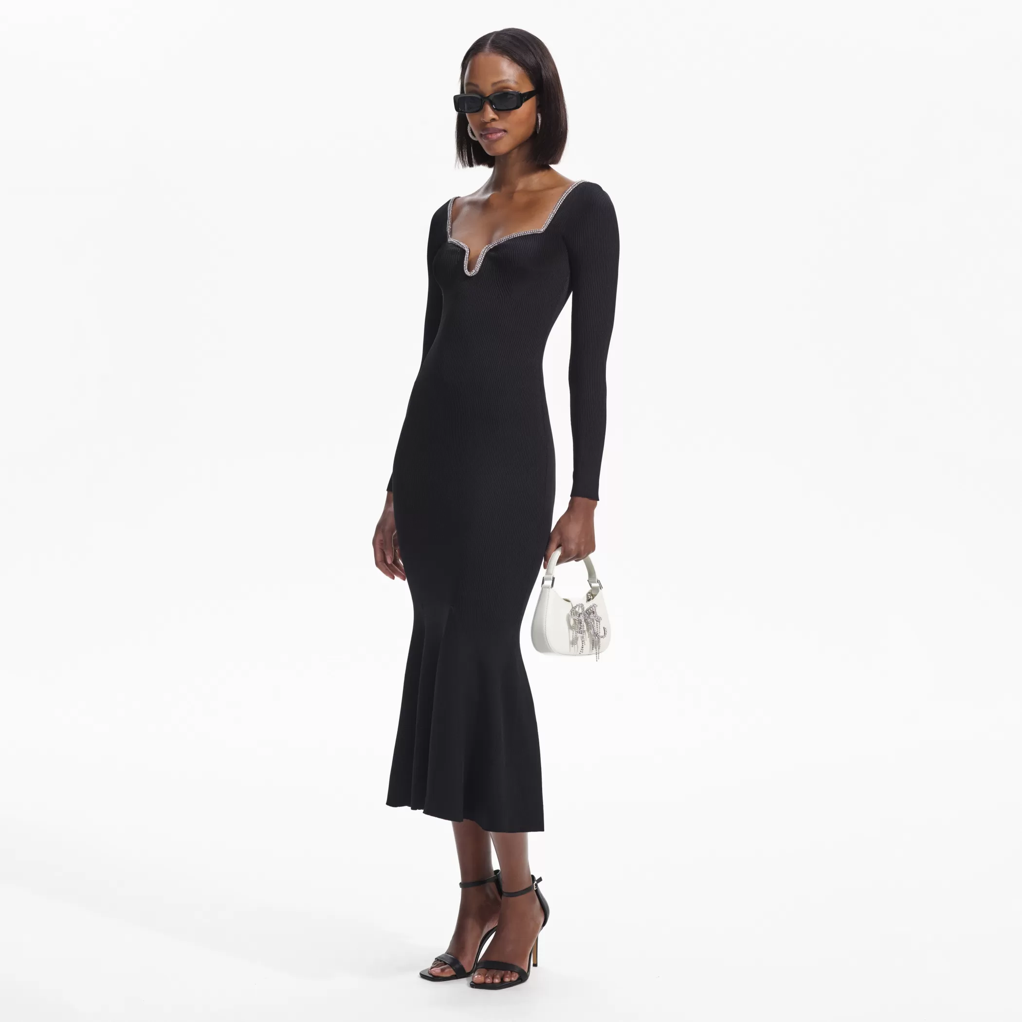 Self-Portrait > Black Knit Diamante Trim Midi Dress