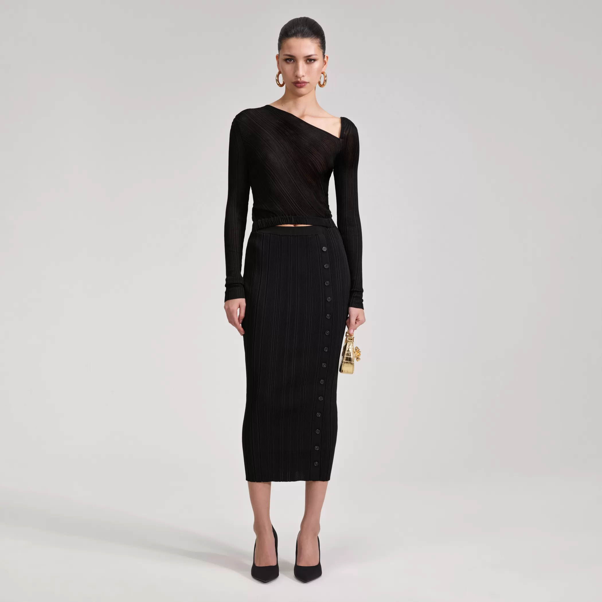 Self-Portrait > Black Knit Midi Dress