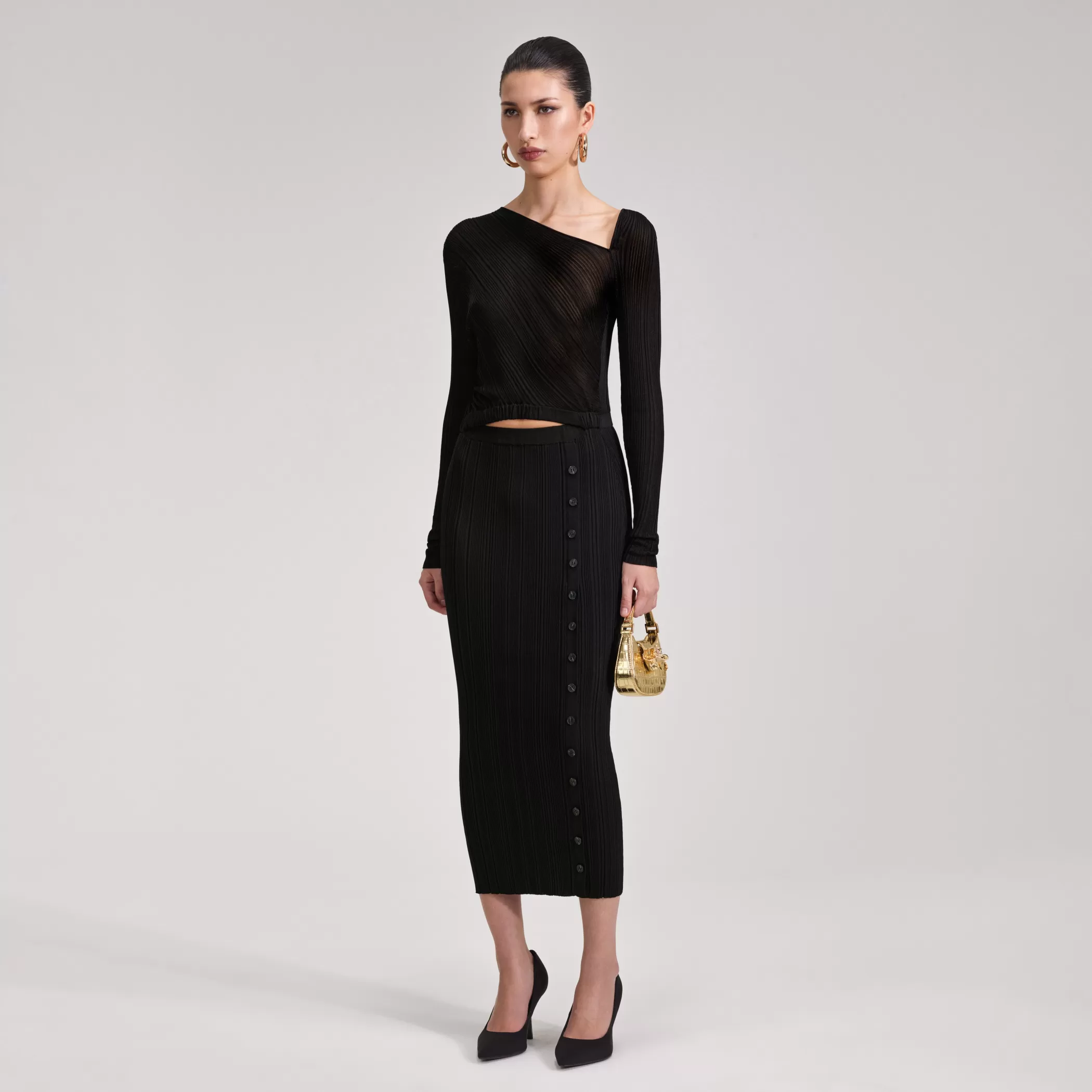 Self-Portrait > Black Knit Midi Dress