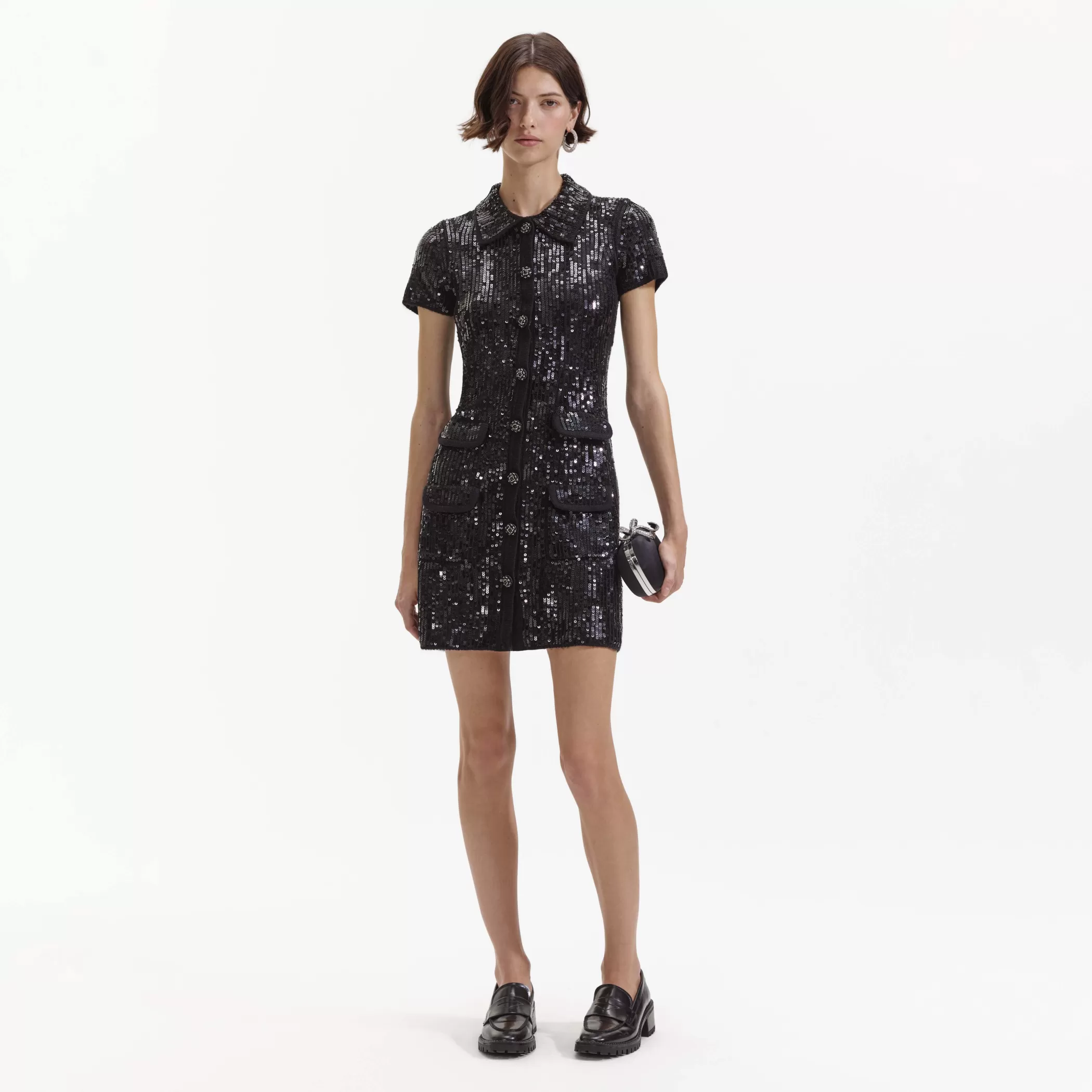 Self-Portrait > Black Knit Sequin Mini Dress