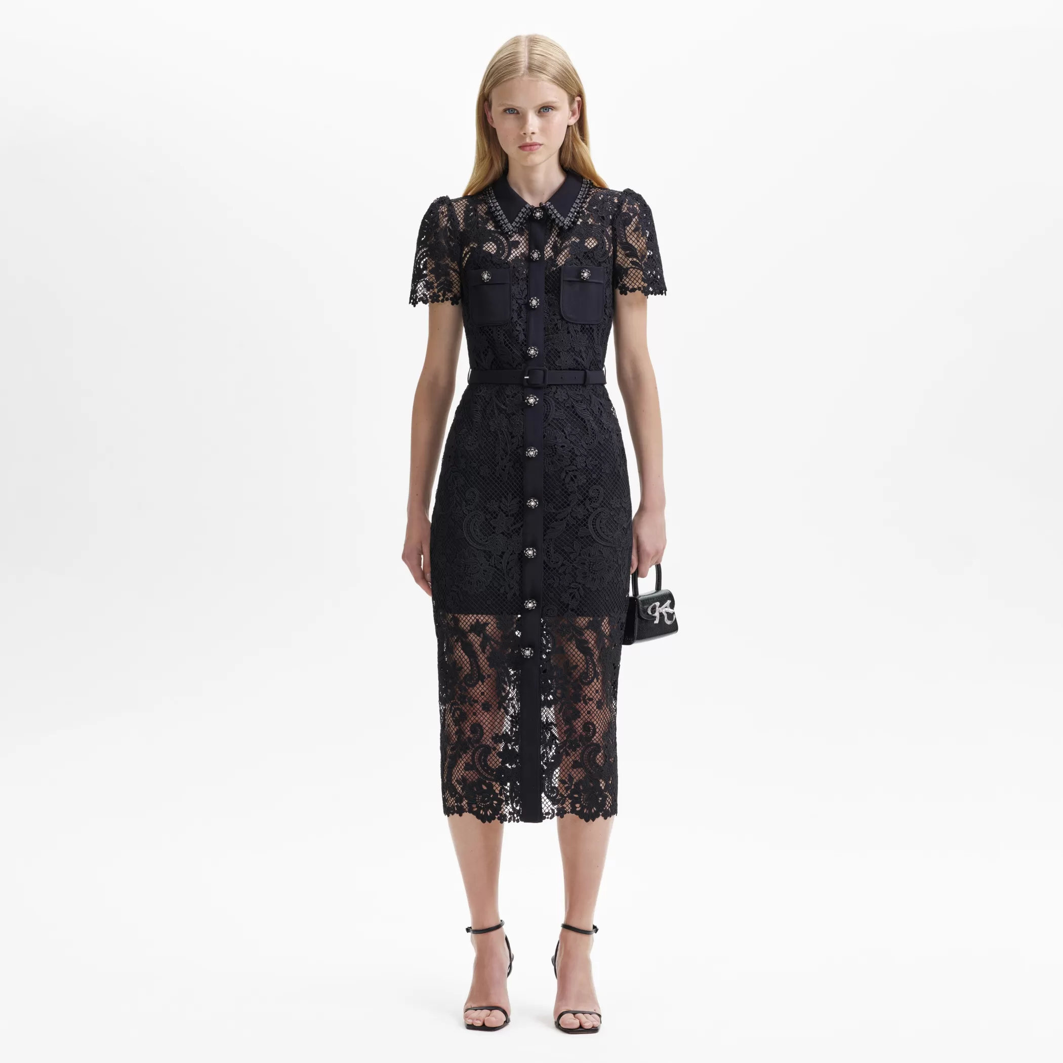 Self-Portrait > Black Lace Button Front Midi Dress