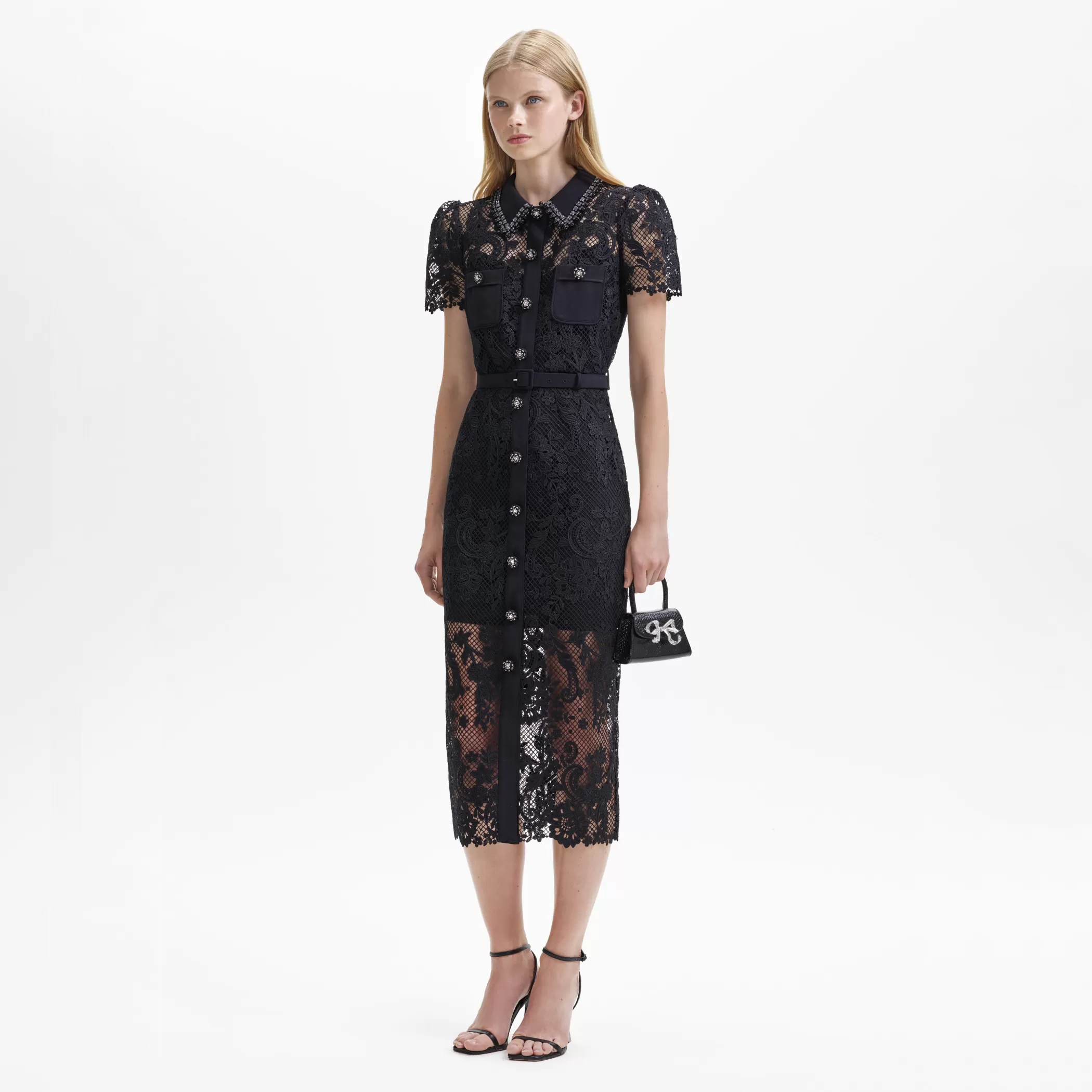 Self-Portrait > Black Lace Button Front Midi Dress