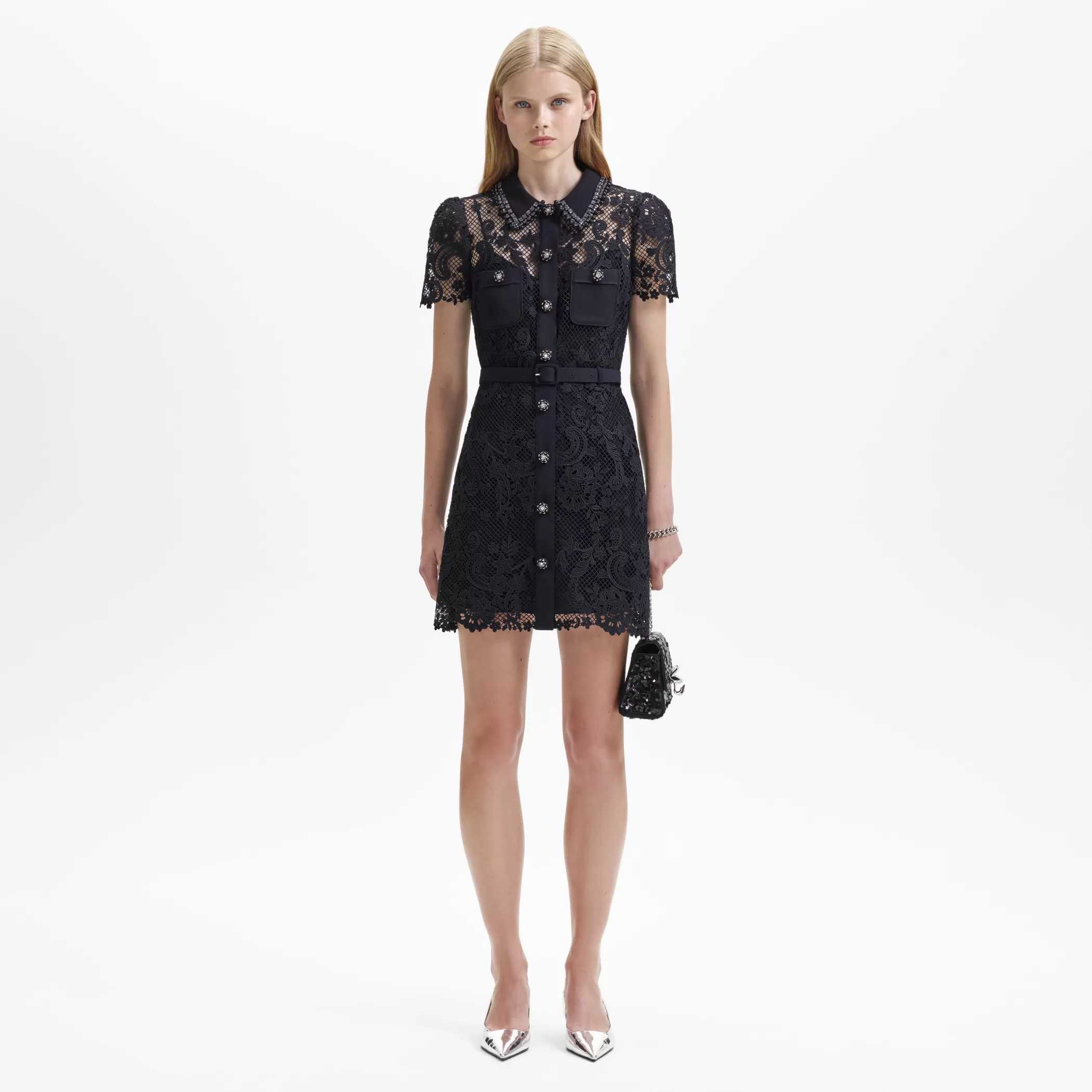 Self-Portrait > Black Lace Button Front Mini Dress