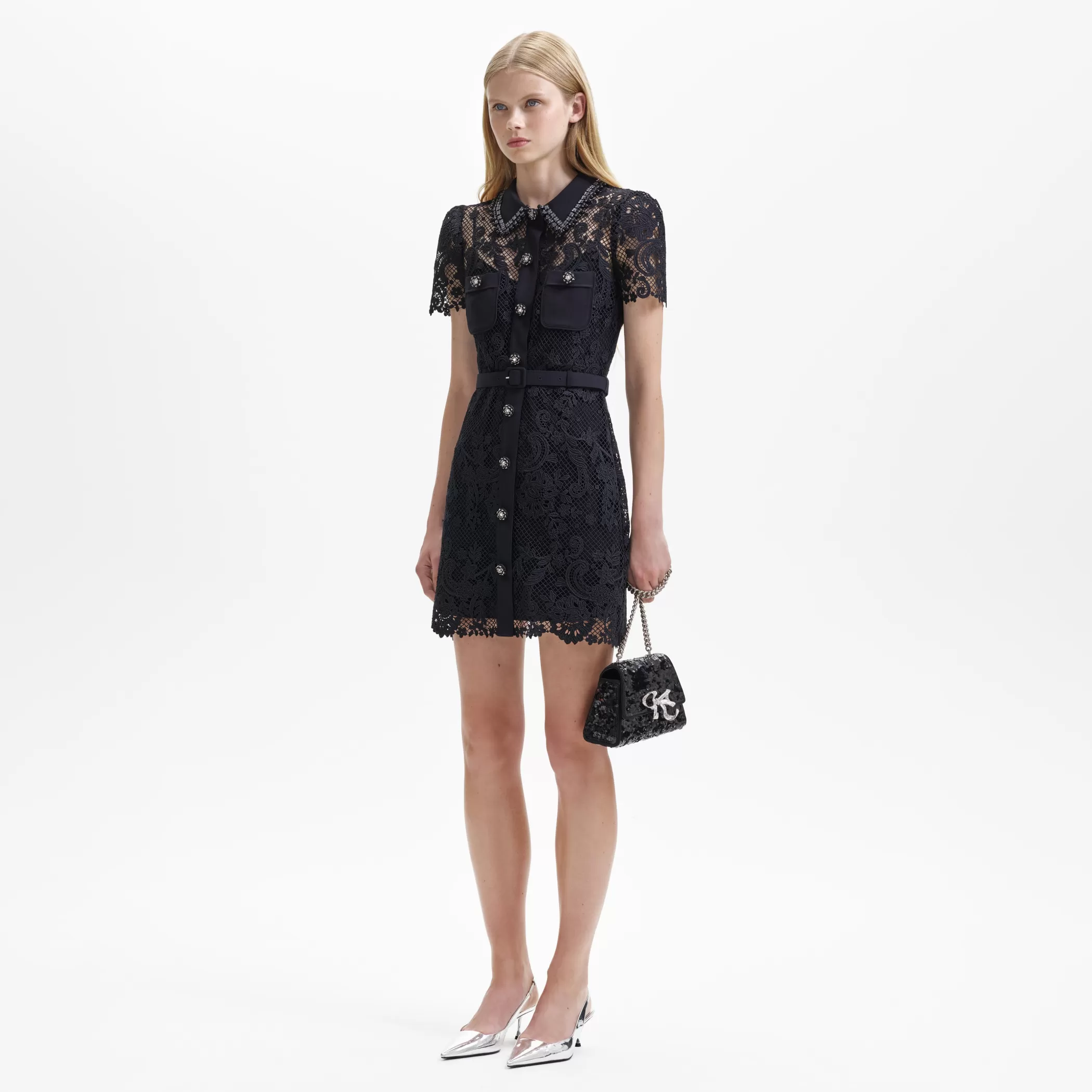 Self-Portrait > Black Lace Button Front Mini Dress