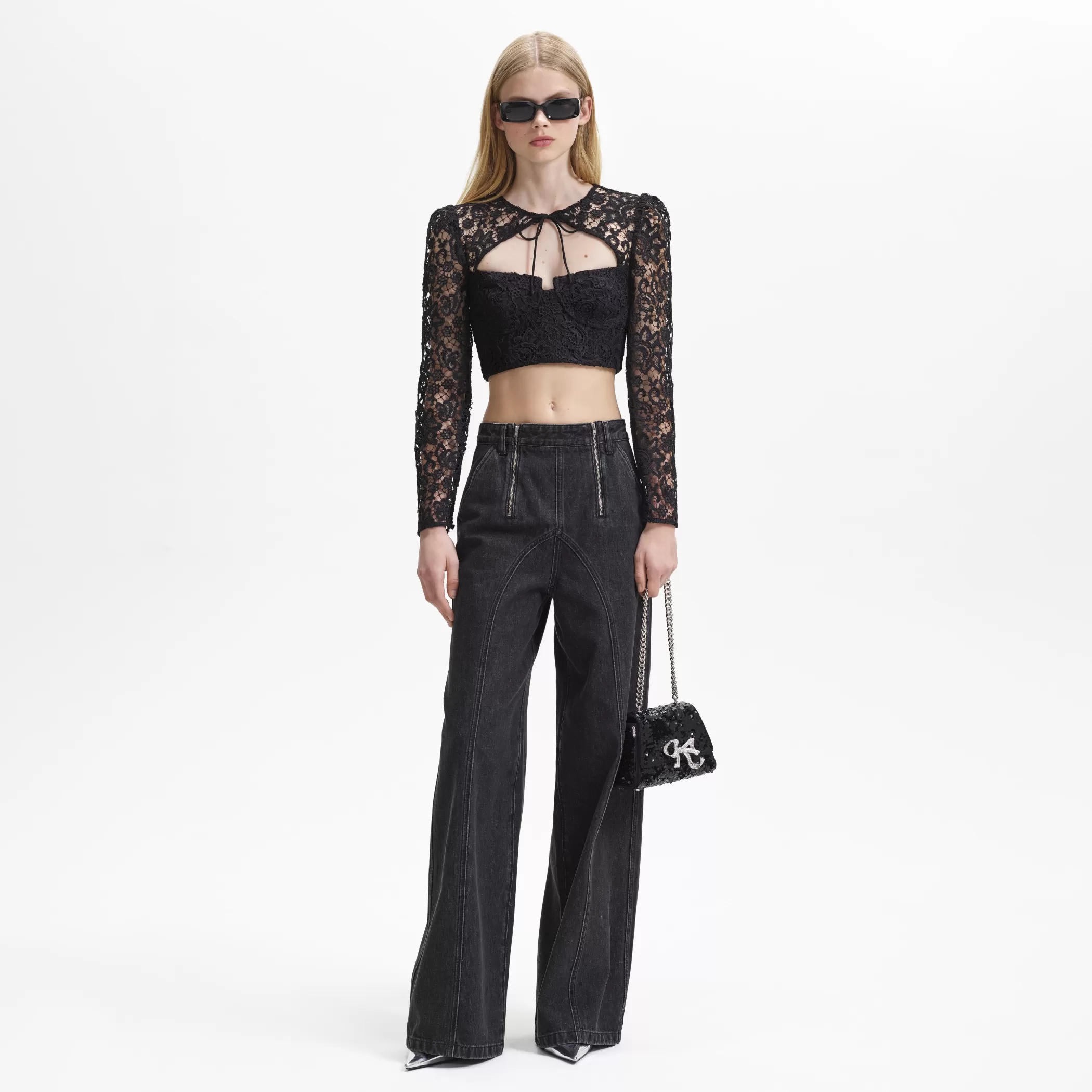 Self-Portrait > Black Lace Tie Neck Crop Top