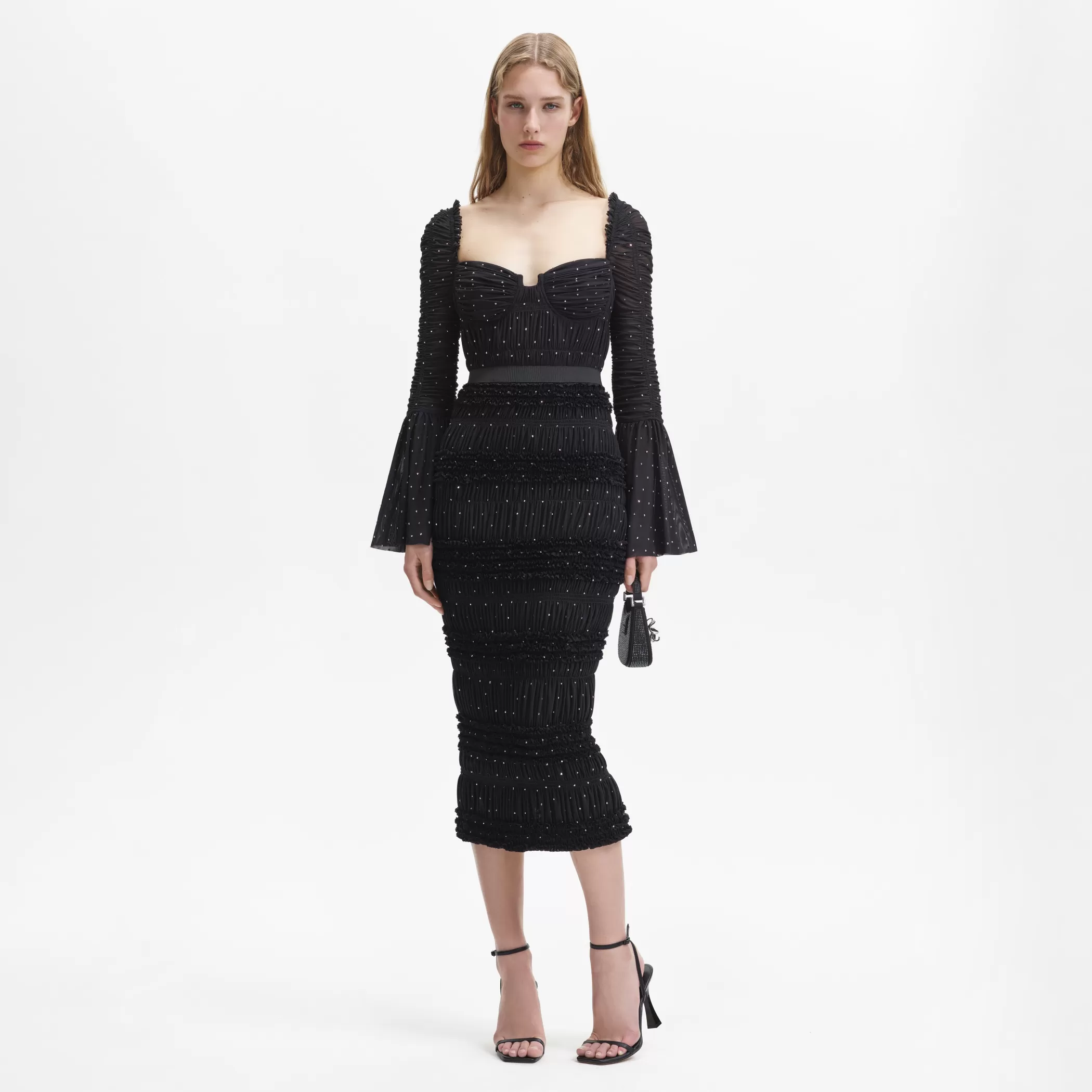 Self-Portrait > Black Mesh Rhinestone Midi Dress