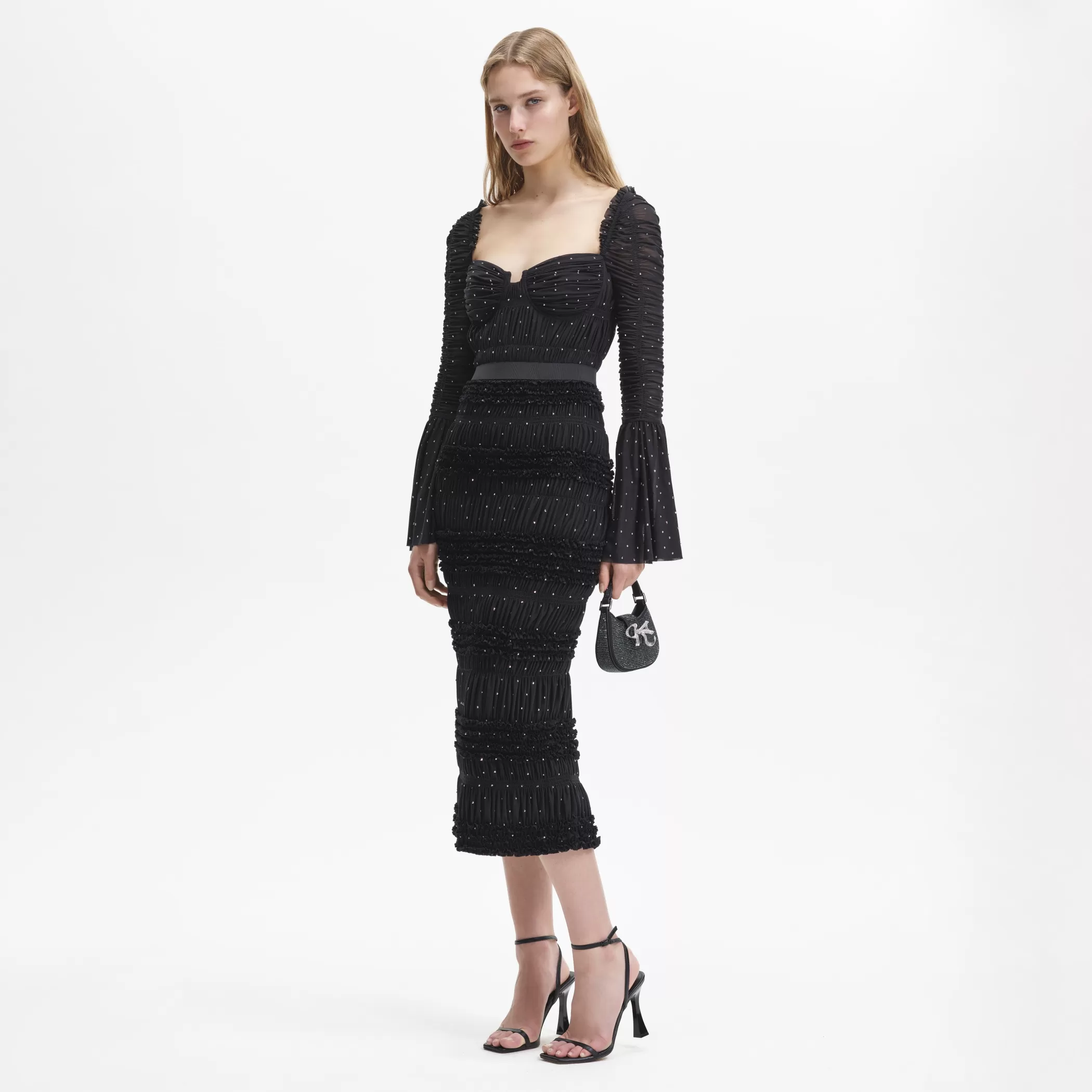 Self-Portrait > Black Mesh Rhinestone Midi Dress