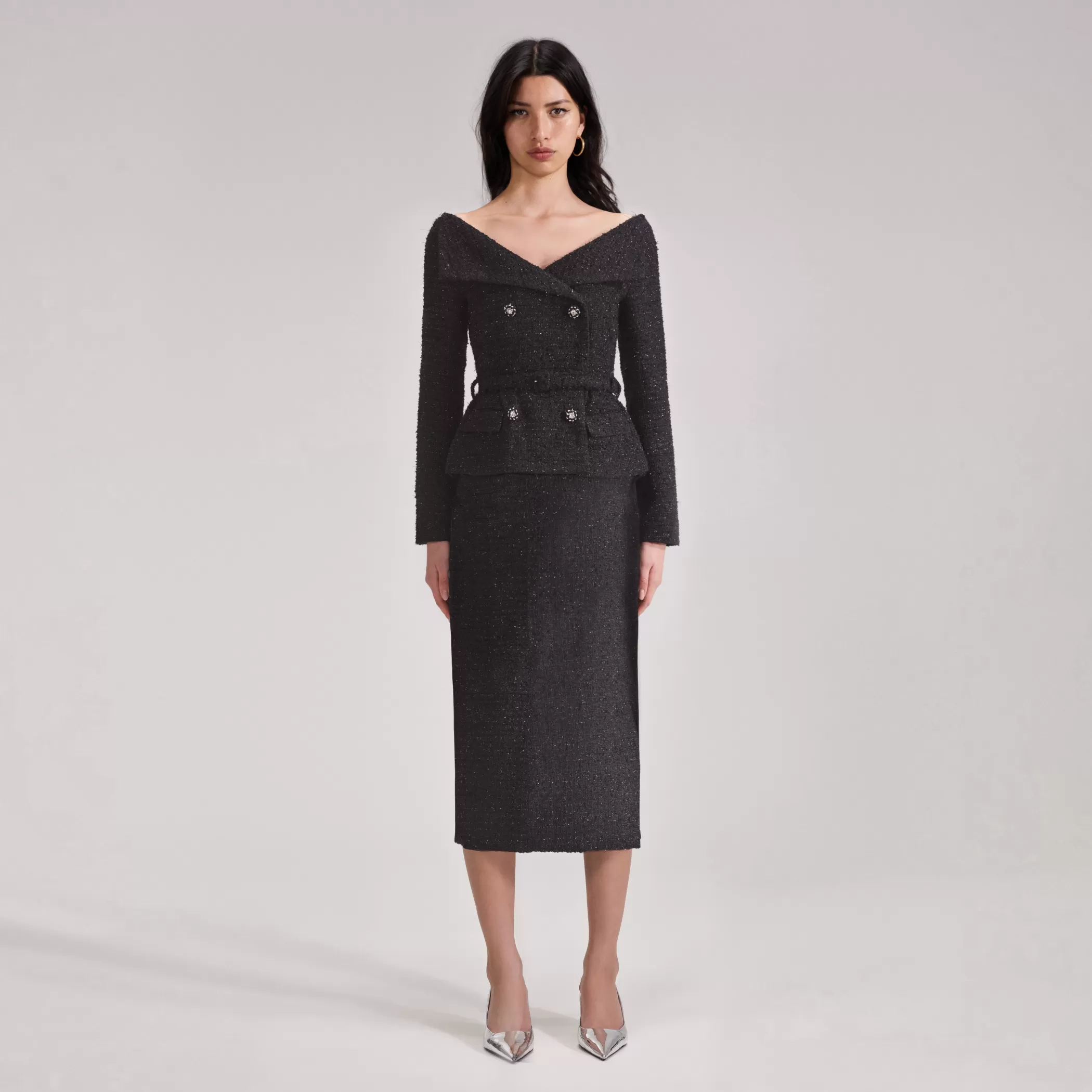 Self-Portrait > Black Off Shoulder Boucle Midi Dress