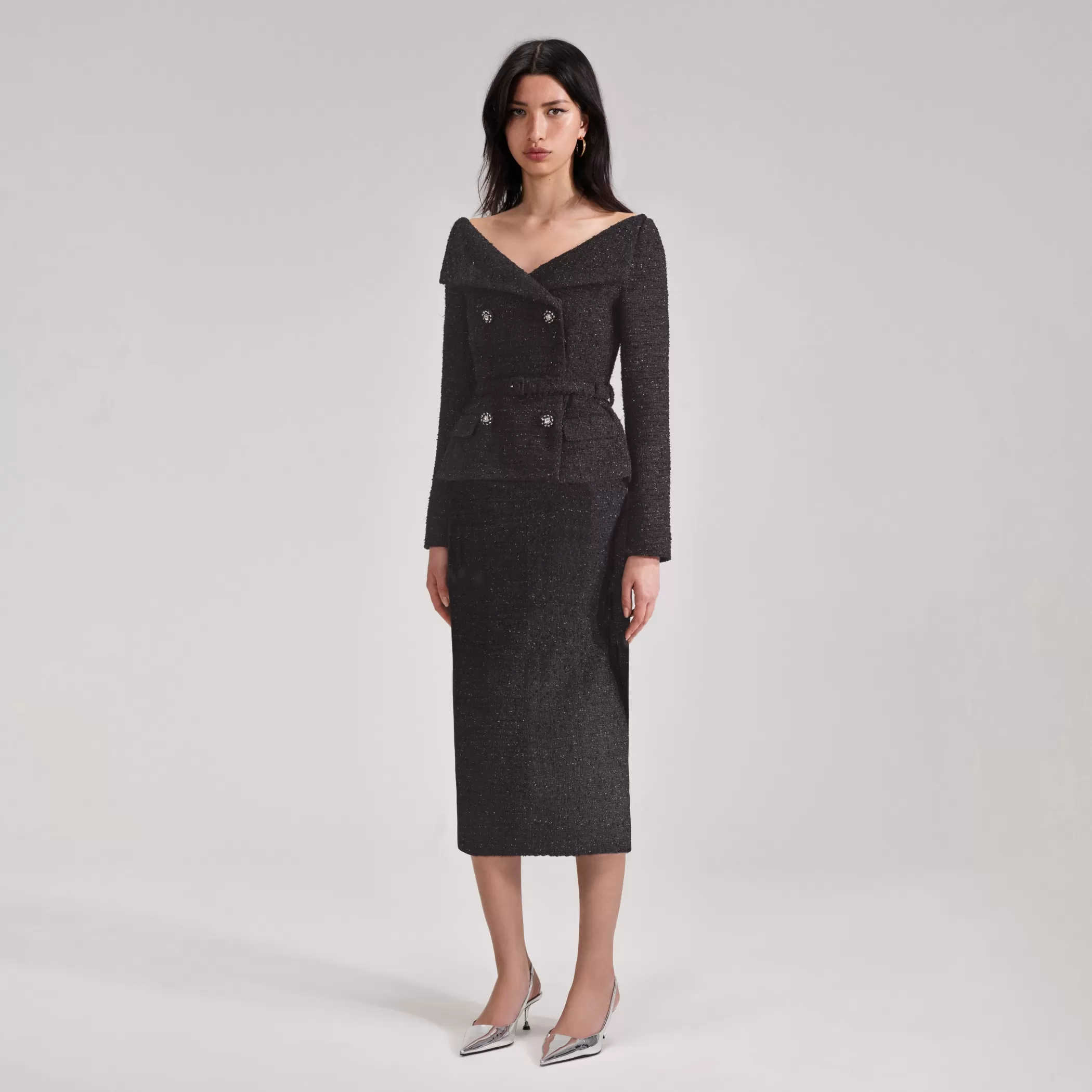 Self-Portrait > Black Off Shoulder Boucle Midi Dress