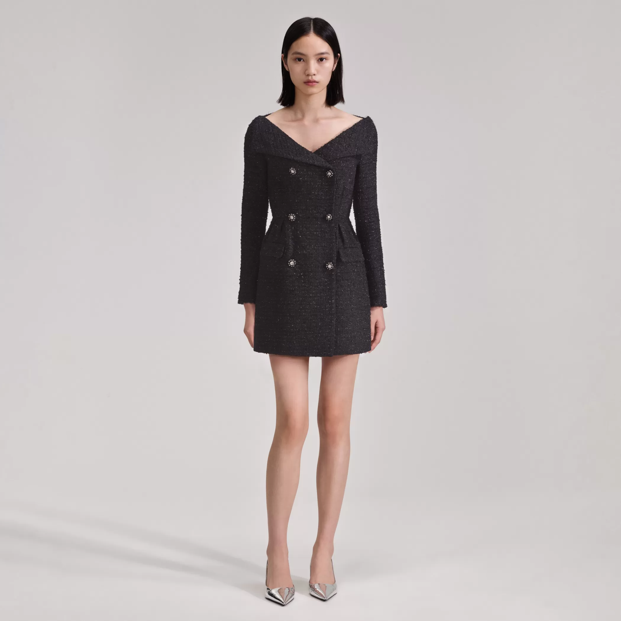 Self-Portrait > Black Off Shoulder Boucle Mini Dress