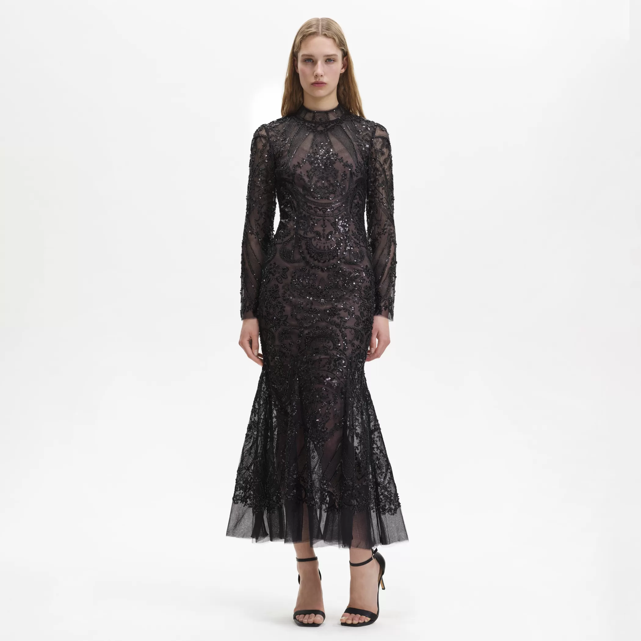 Self-Portrait > Black Paisley Sequin Midi Dress