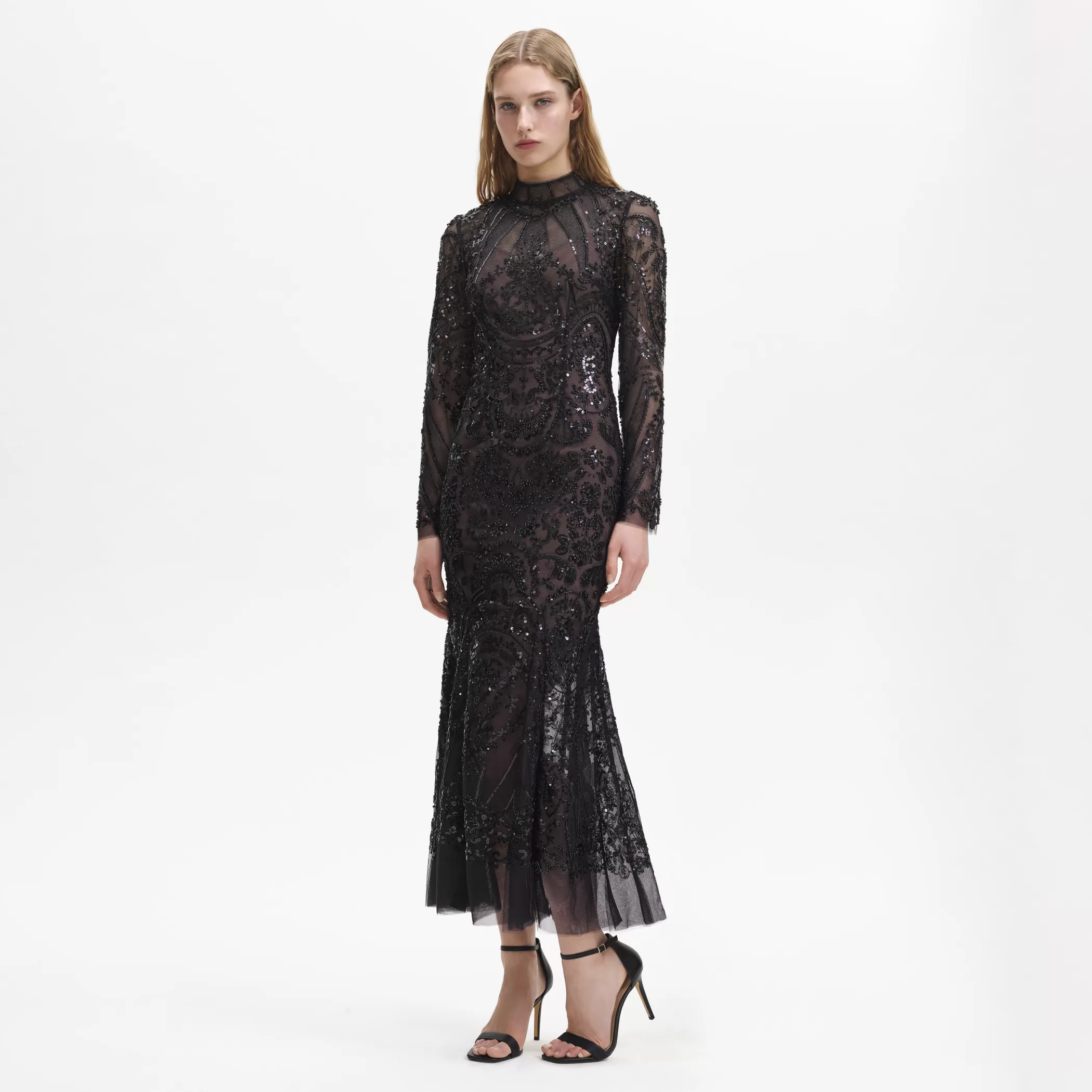 Self-Portrait > Black Paisley Sequin Midi Dress