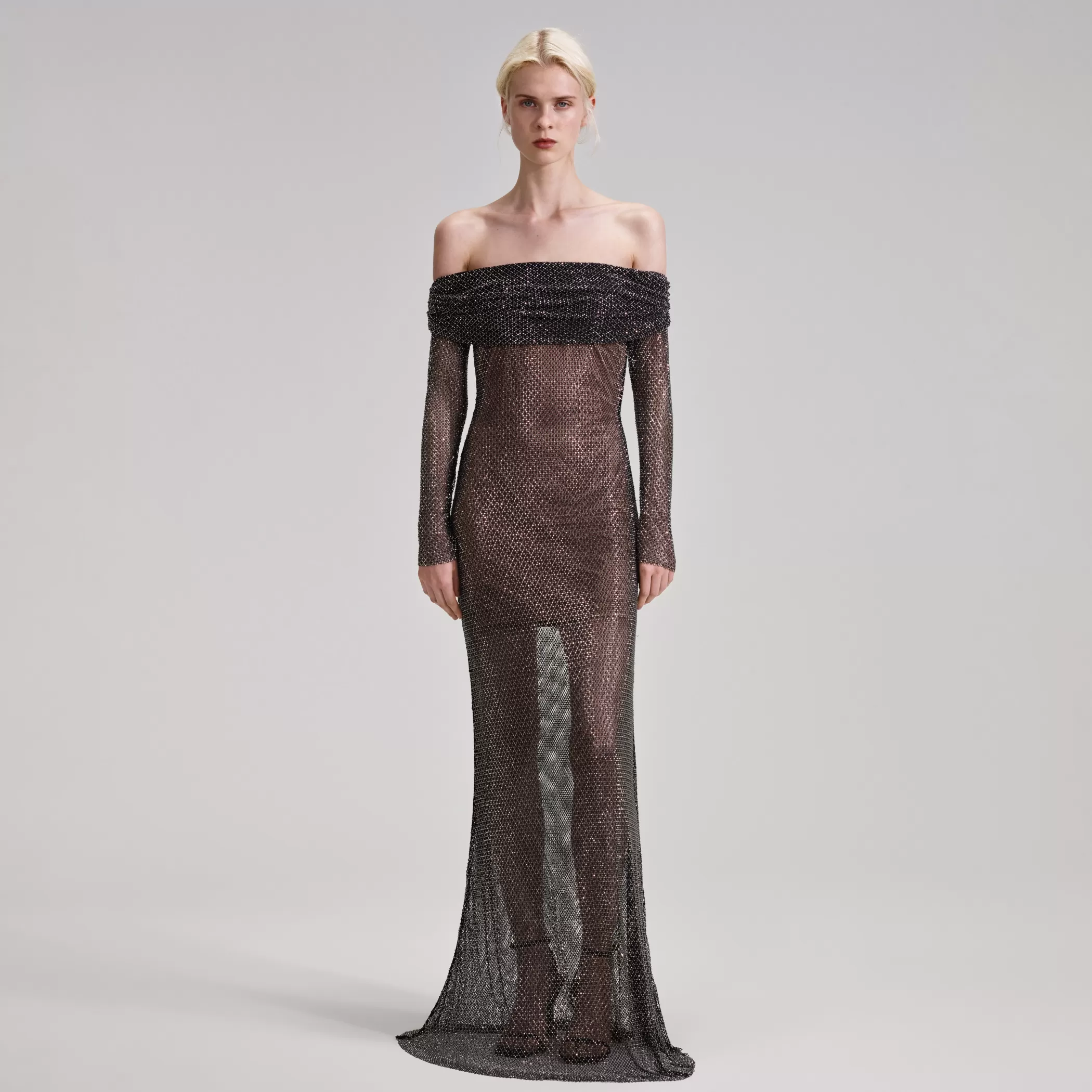 Self-Portrait > Black Rhinestone Fishnet Maxi Dress