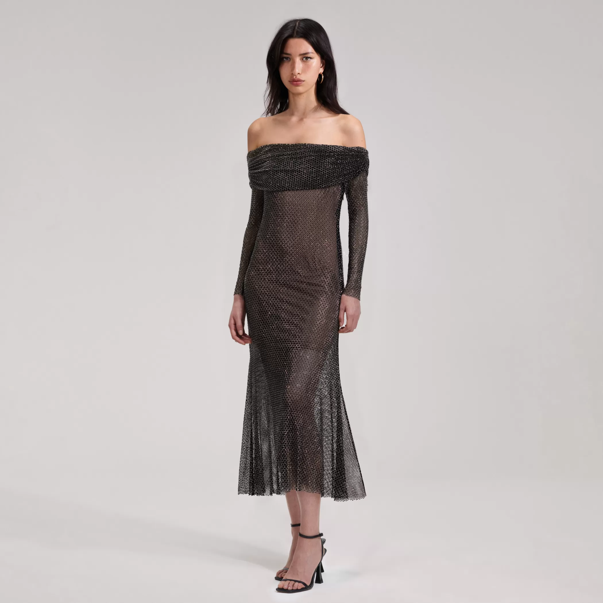 Self-Portrait > Black Rhinestone Fishnet Midi Dress