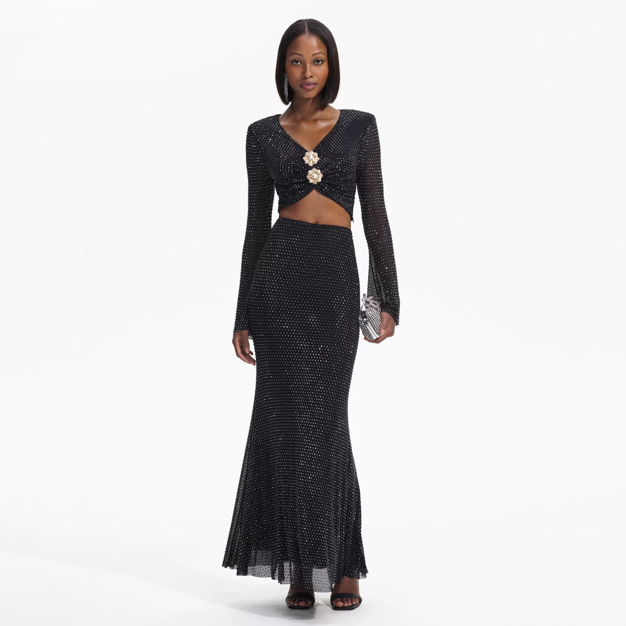 Self-Portrait > Black Rhinestone Flared Sleeve Top