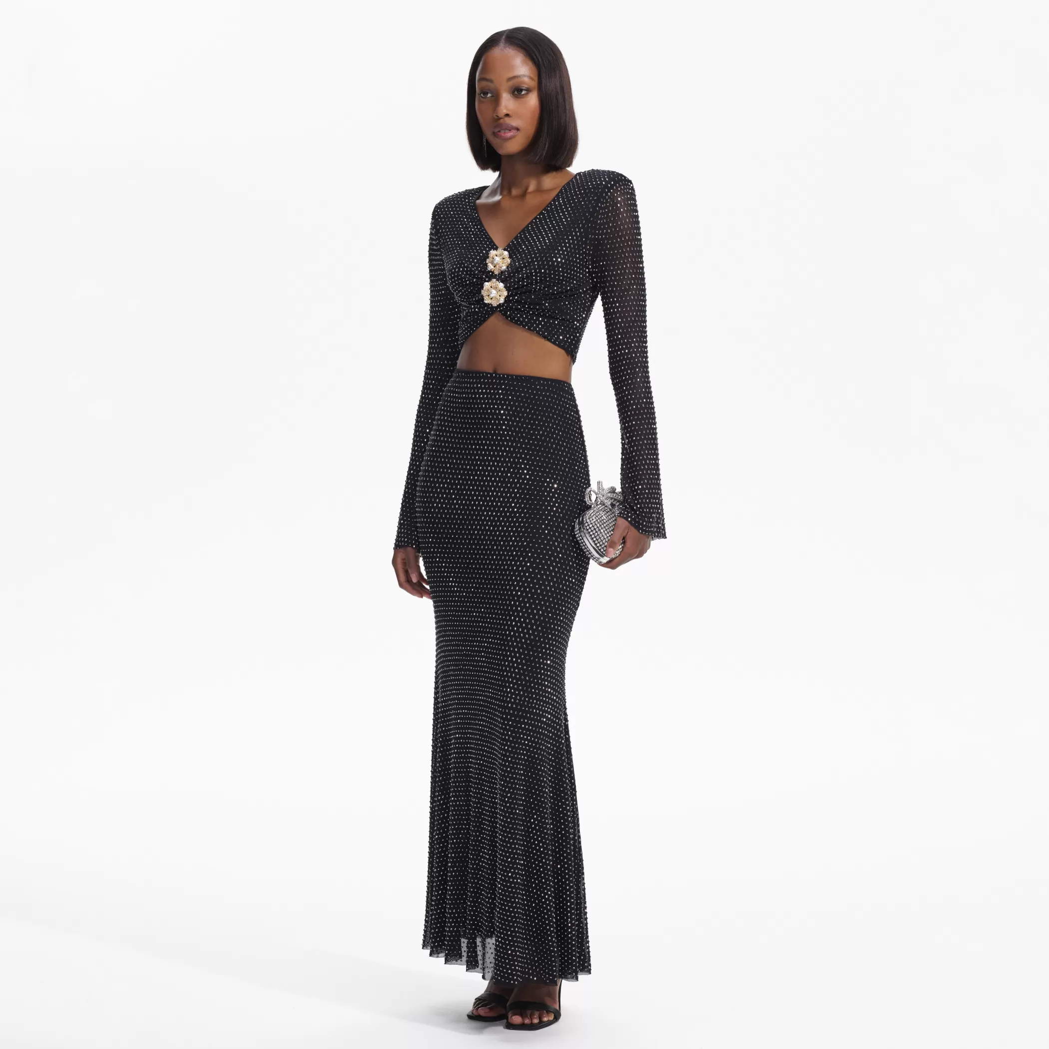 Self-Portrait > Black Rhinestone Flared Sleeve Top